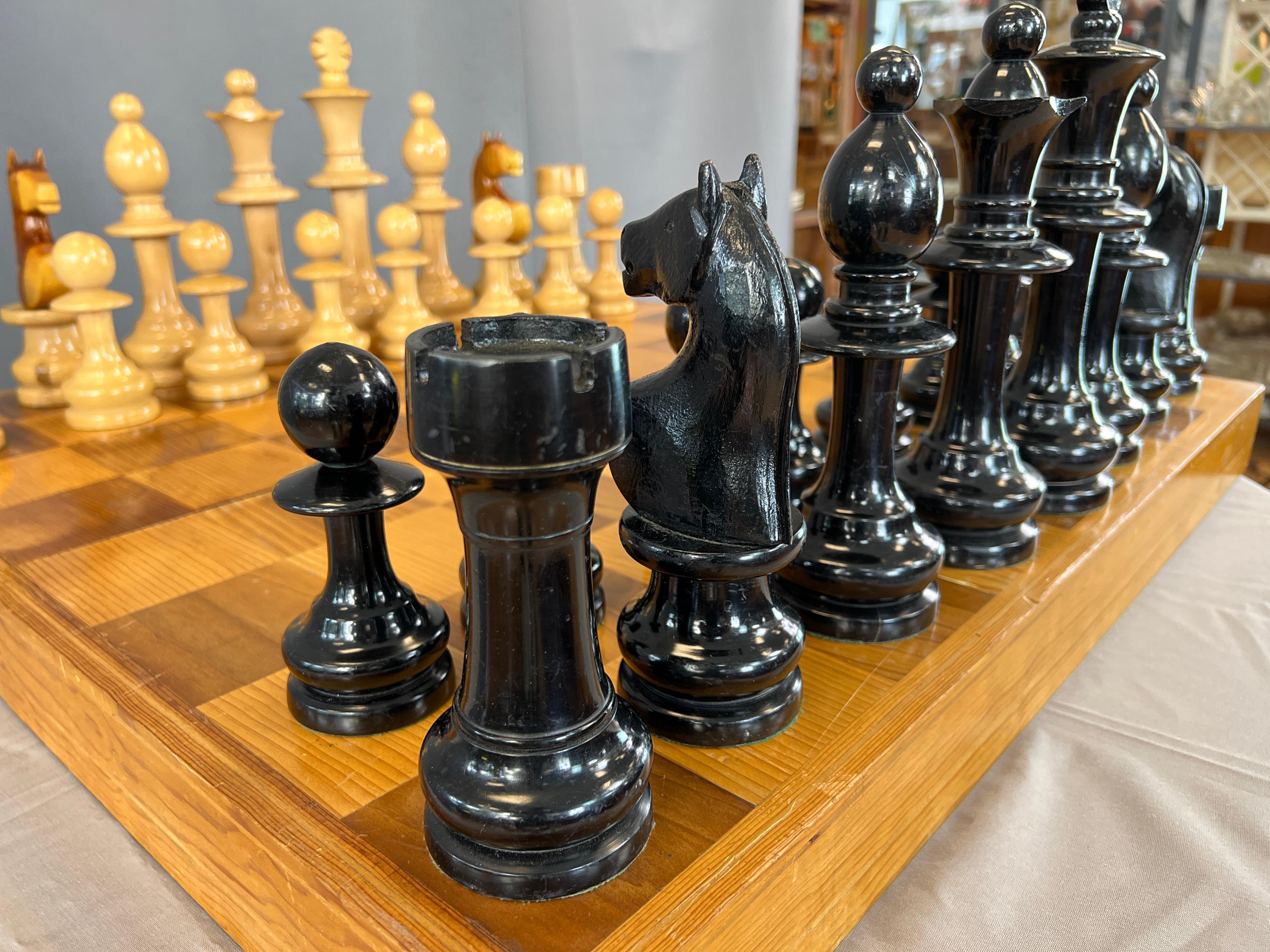 Late 20th Century Unique & Monumental Hand Crafted Wooden Chess Set 33pc