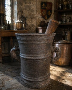 Unique Monumental Late Gothic Hand-Forged Wrought Iron Mortar with Fish Handles