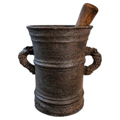 Unique Monumental Late Gothic Hand-Forged Wrought Iron Mortar with Fish Handles