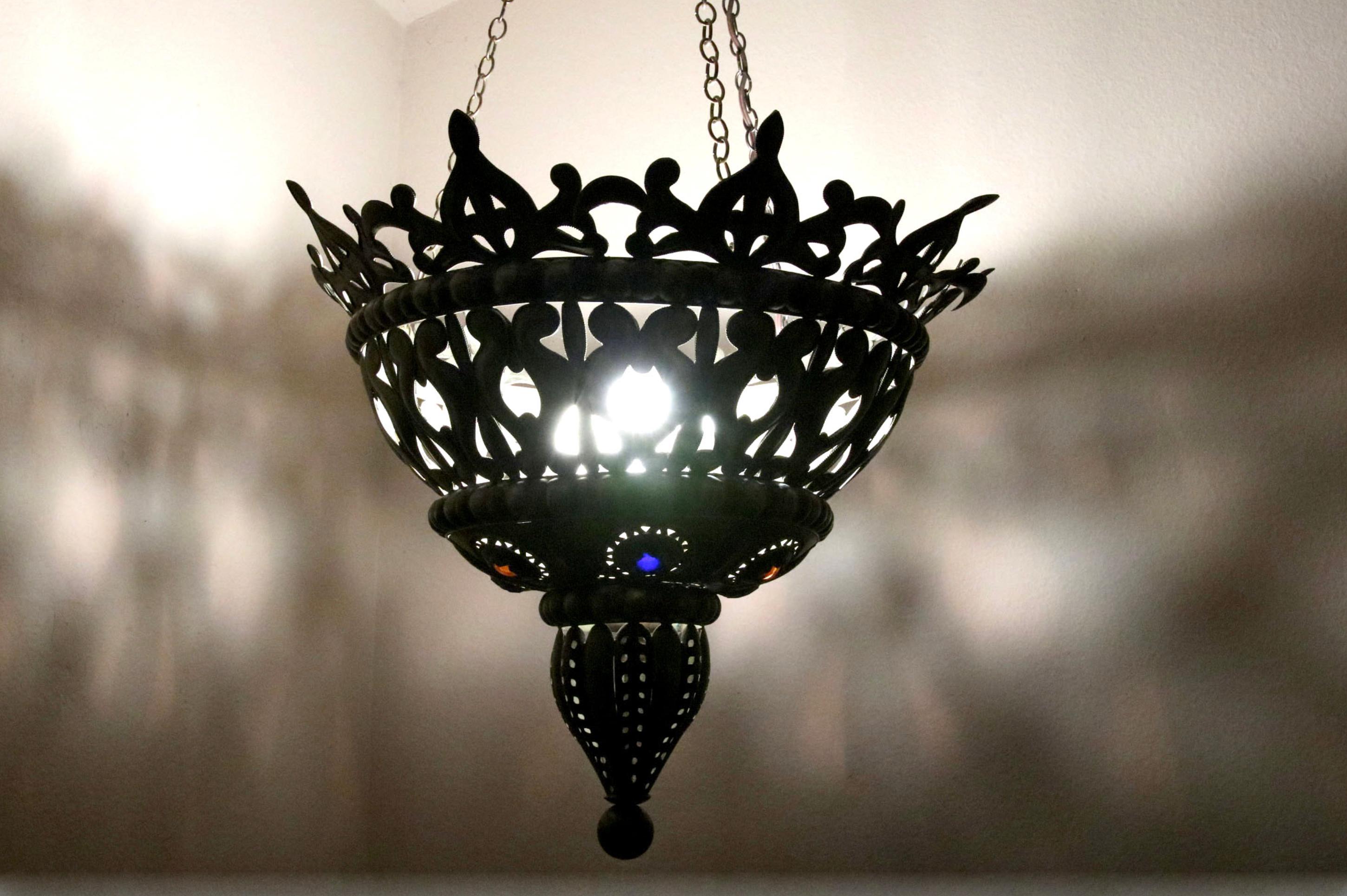 Moorish Unique Moroccan Brass and Jeweled Chandelier with easy Install For Sale