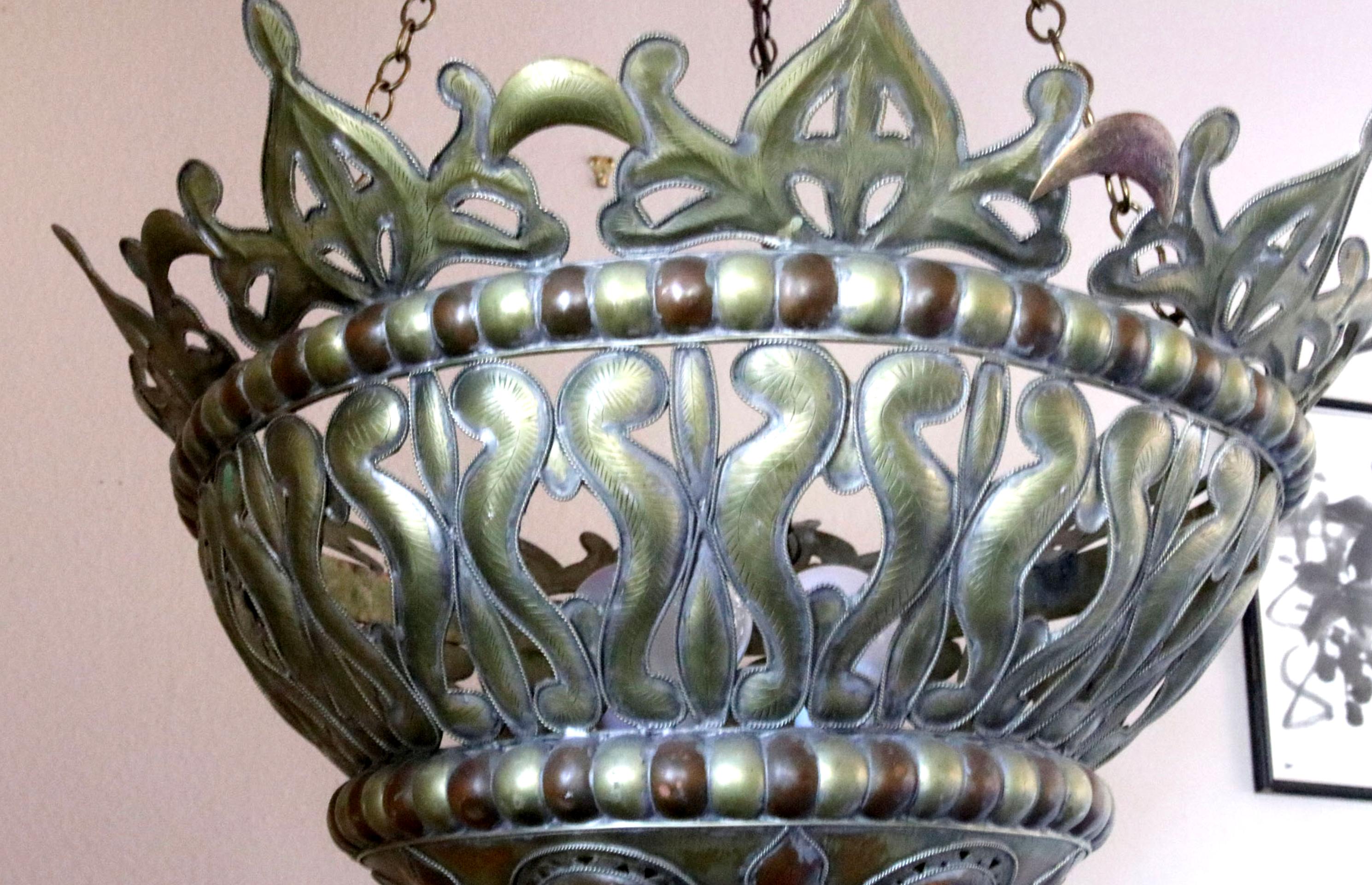Hand-Crafted Unique Moroccan Brass and Jeweled Chandelier with easy Install For Sale