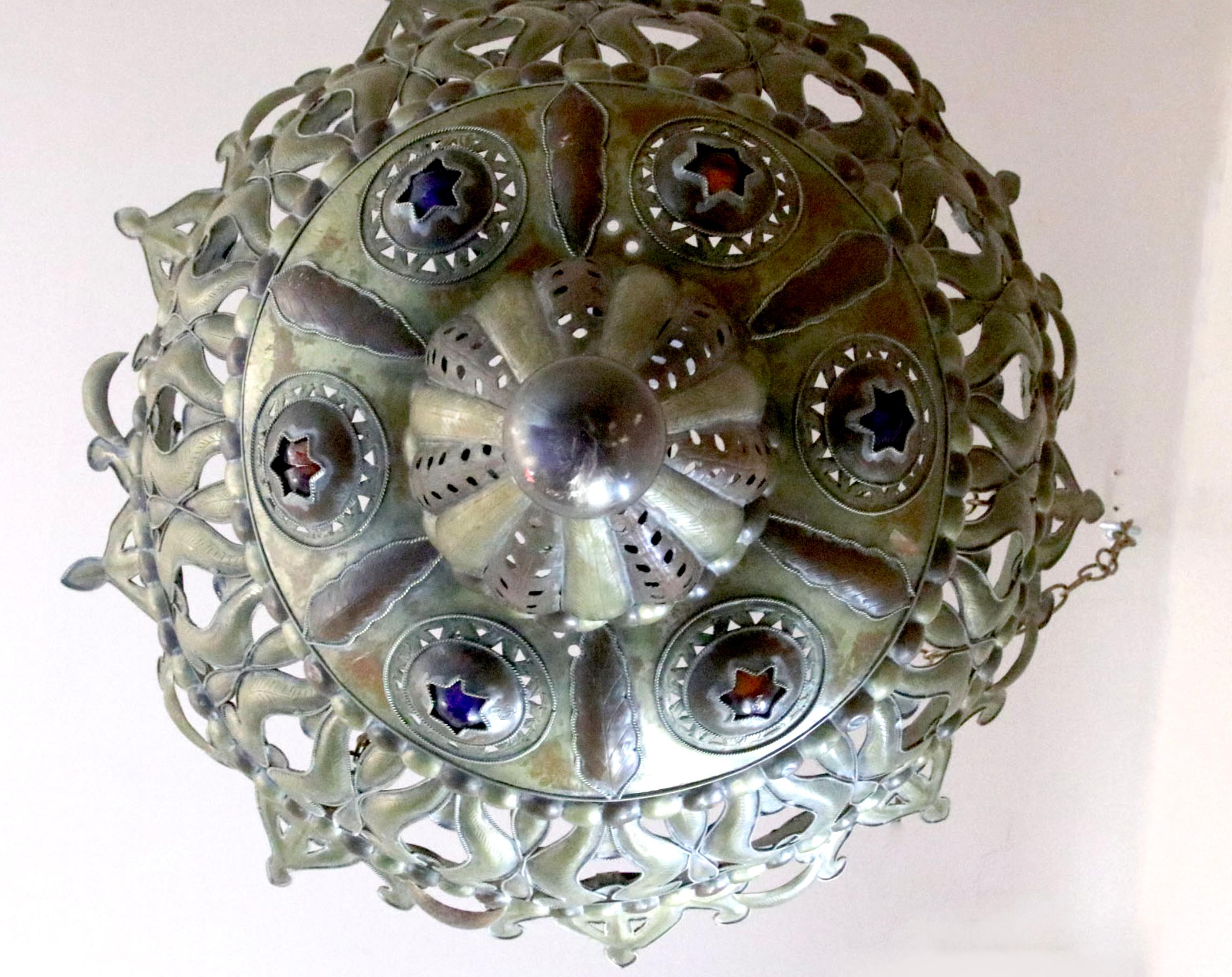Unique Moroccan Brass and Jeweled Chandelier with easy Install In Good Condition For Sale In Lomita, CA