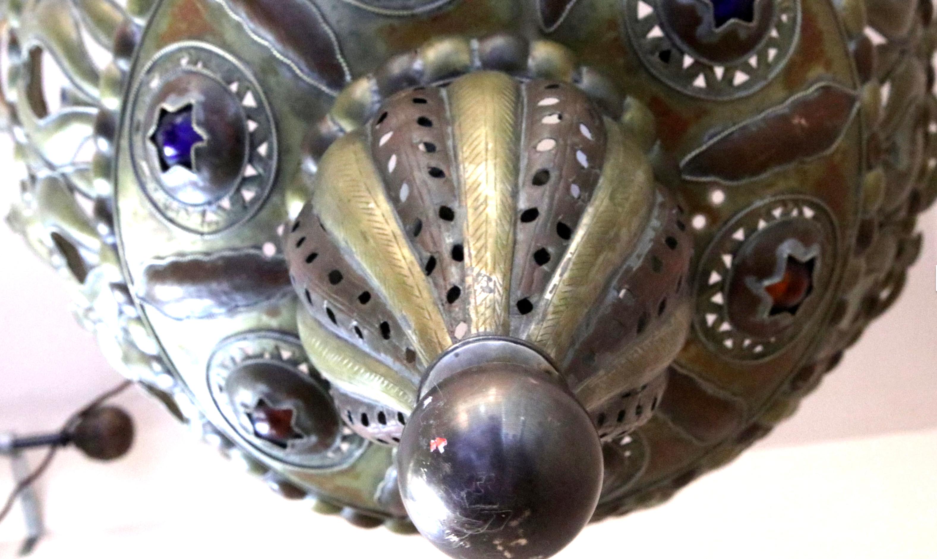 20th Century Unique Moroccan Brass and Jeweled Chandelier with easy Install For Sale