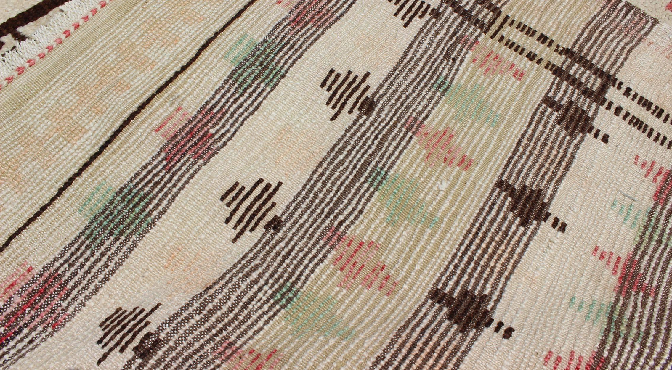 Unique Moroccan Runner in Light Ivory Background & Brown, Rose, Green Accents 4