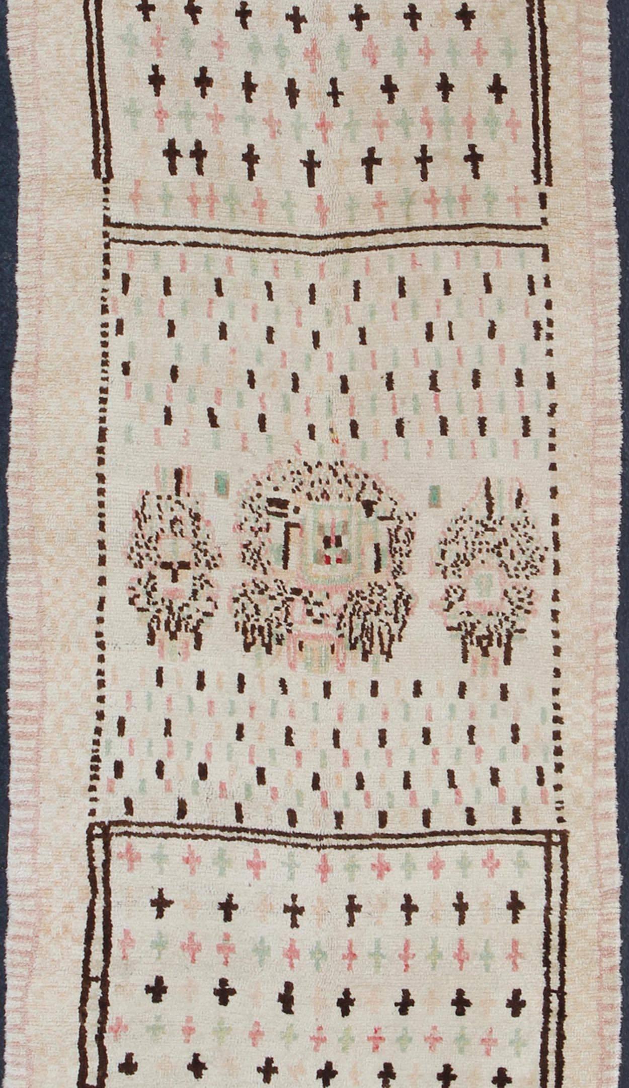 Tribal Unique Moroccan Runner in Light Ivory Background & Brown, Rose, Green Accents