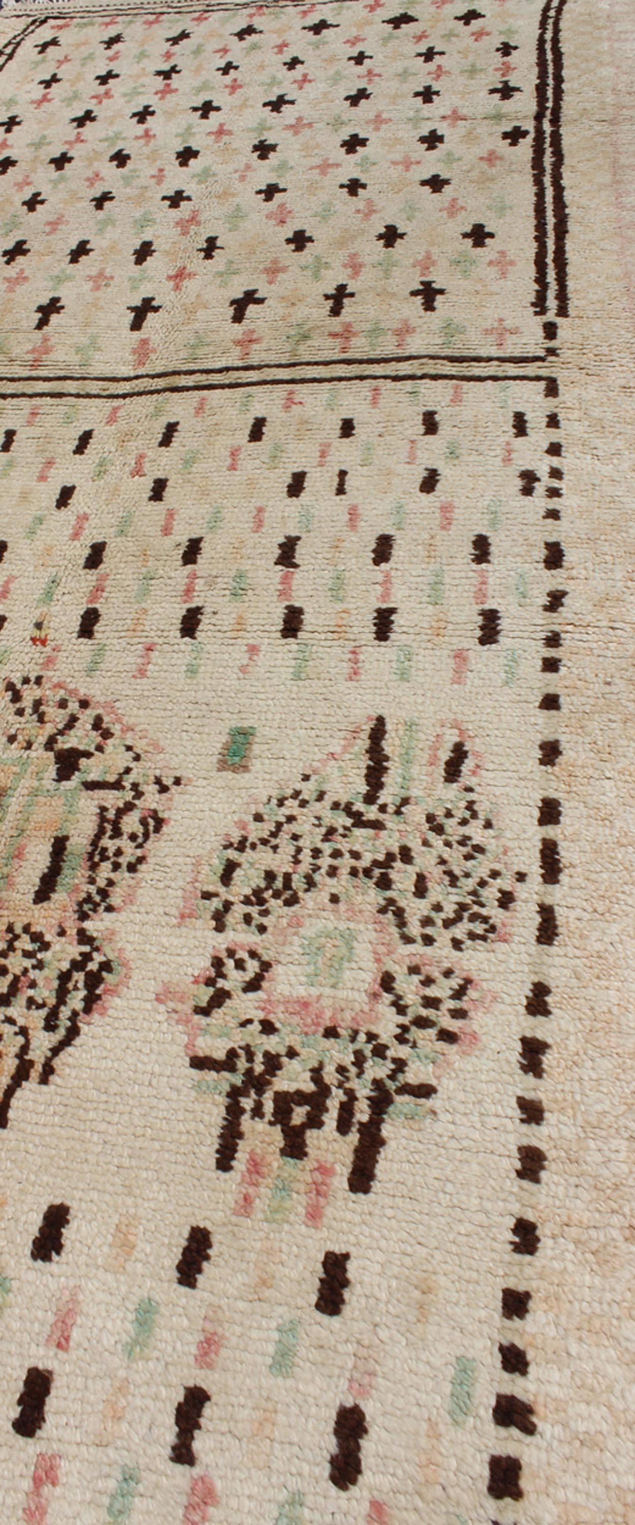 Wool Unique Moroccan Runner in Light Ivory Background & Brown, Rose, Green Accents