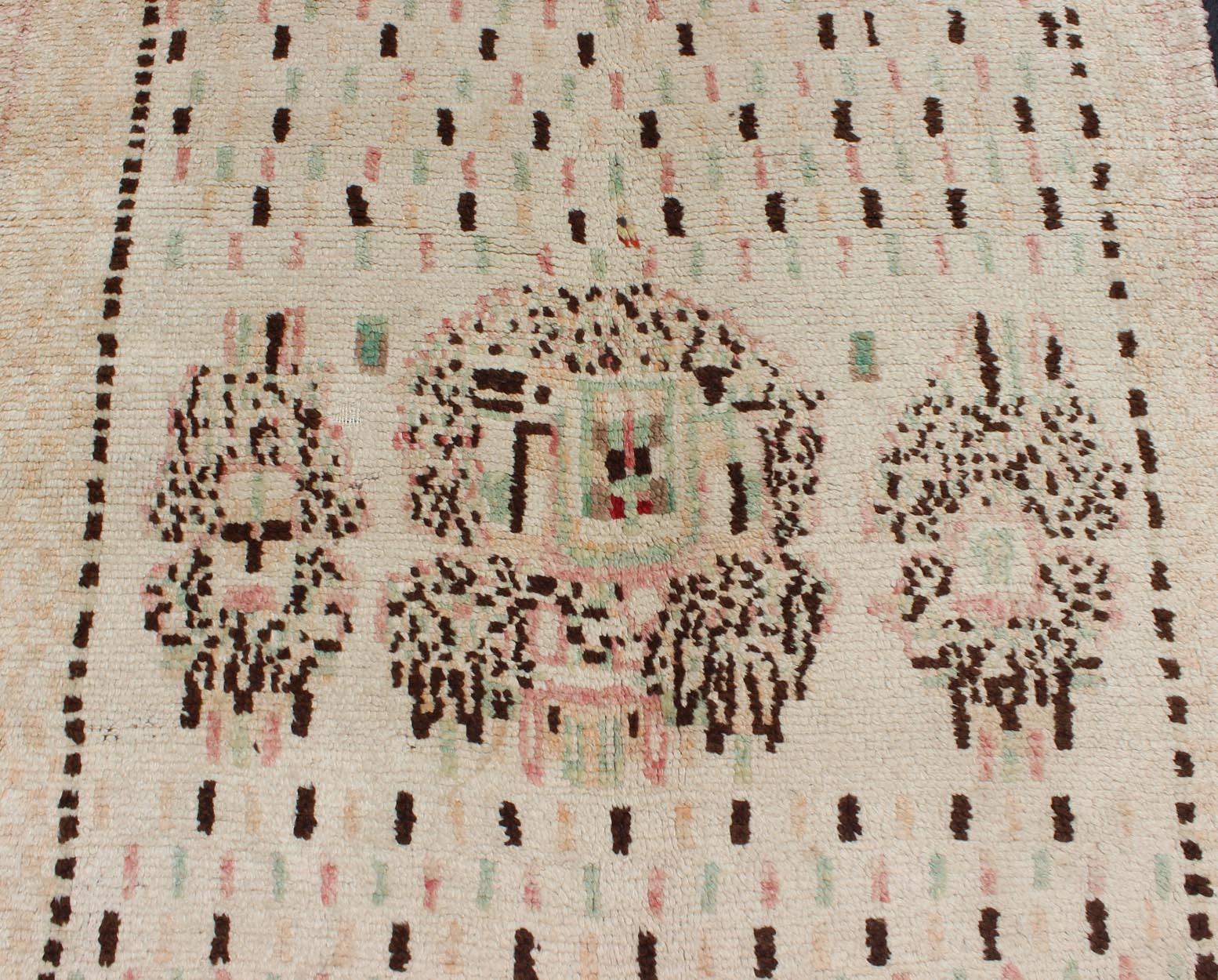 Unique Moroccan Runner in Light Ivory Background & Brown, Rose, Green Accents 1