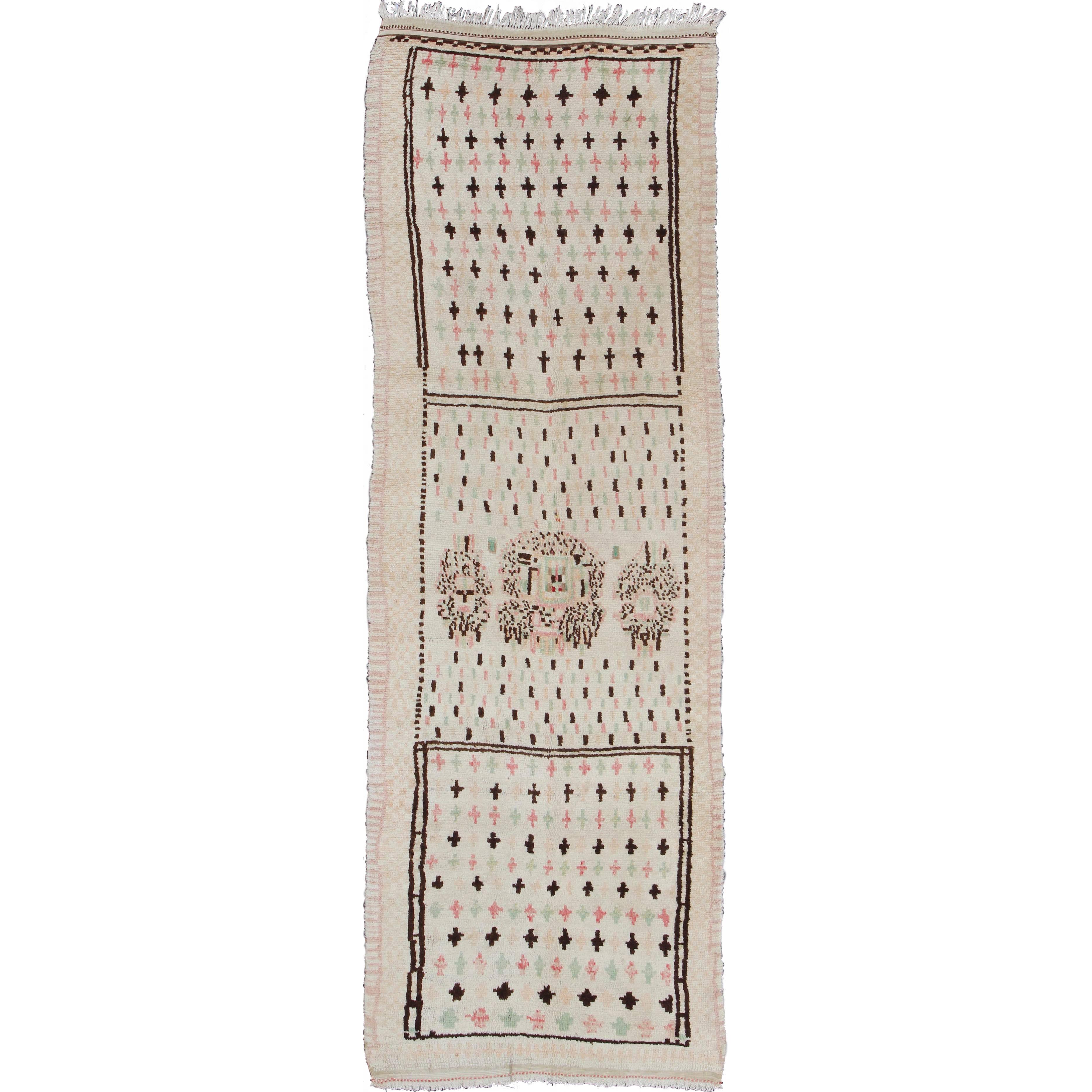 Unique Moroccan Runner in Light Ivory Background & Brown, Rose, Green Accents