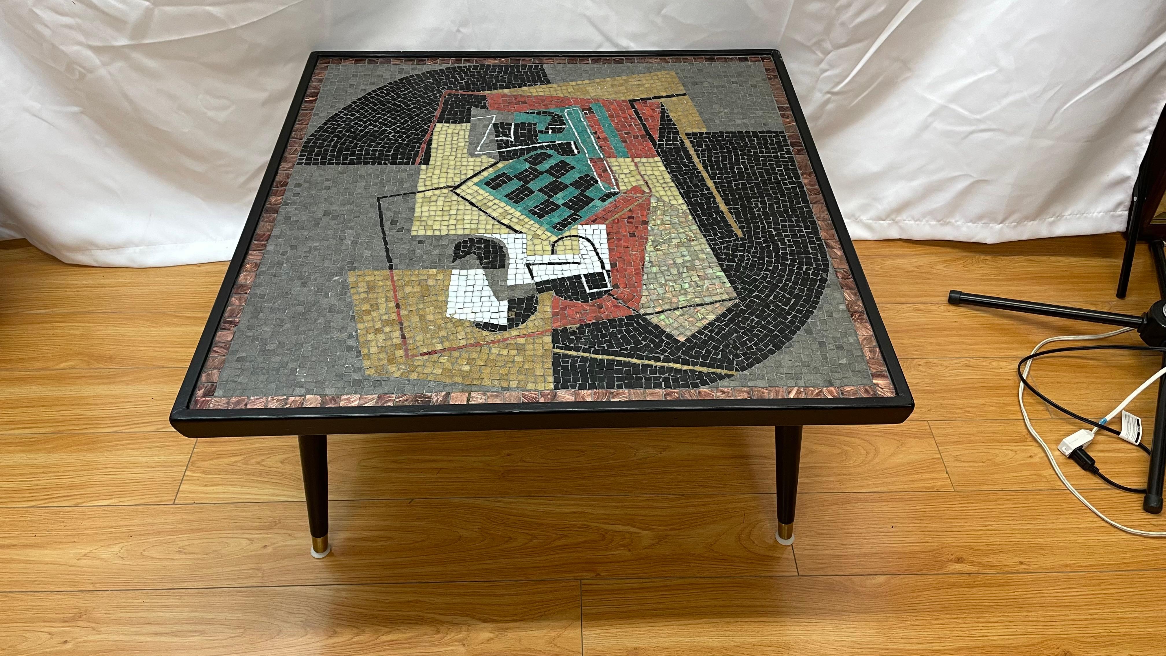 Wood Unique mosaic tile table mid century modern For Sale