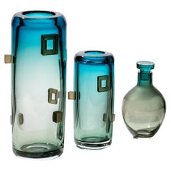 Unique Mouth-Blown Freeform Glass Large Tower Vase in Melange Colors of Sky