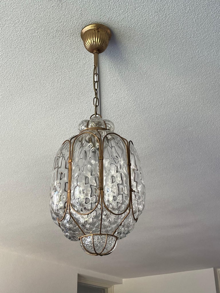 Brass Unique Mouthblown Midcentury Venetian Murano Art Glass Pendant / Ceiling Light For Sale