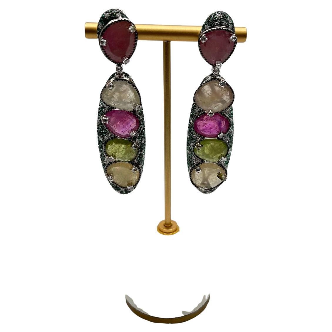 Unique Multi Color Sapphire Emerald Diamonds 18K White Gold Statement Earrings