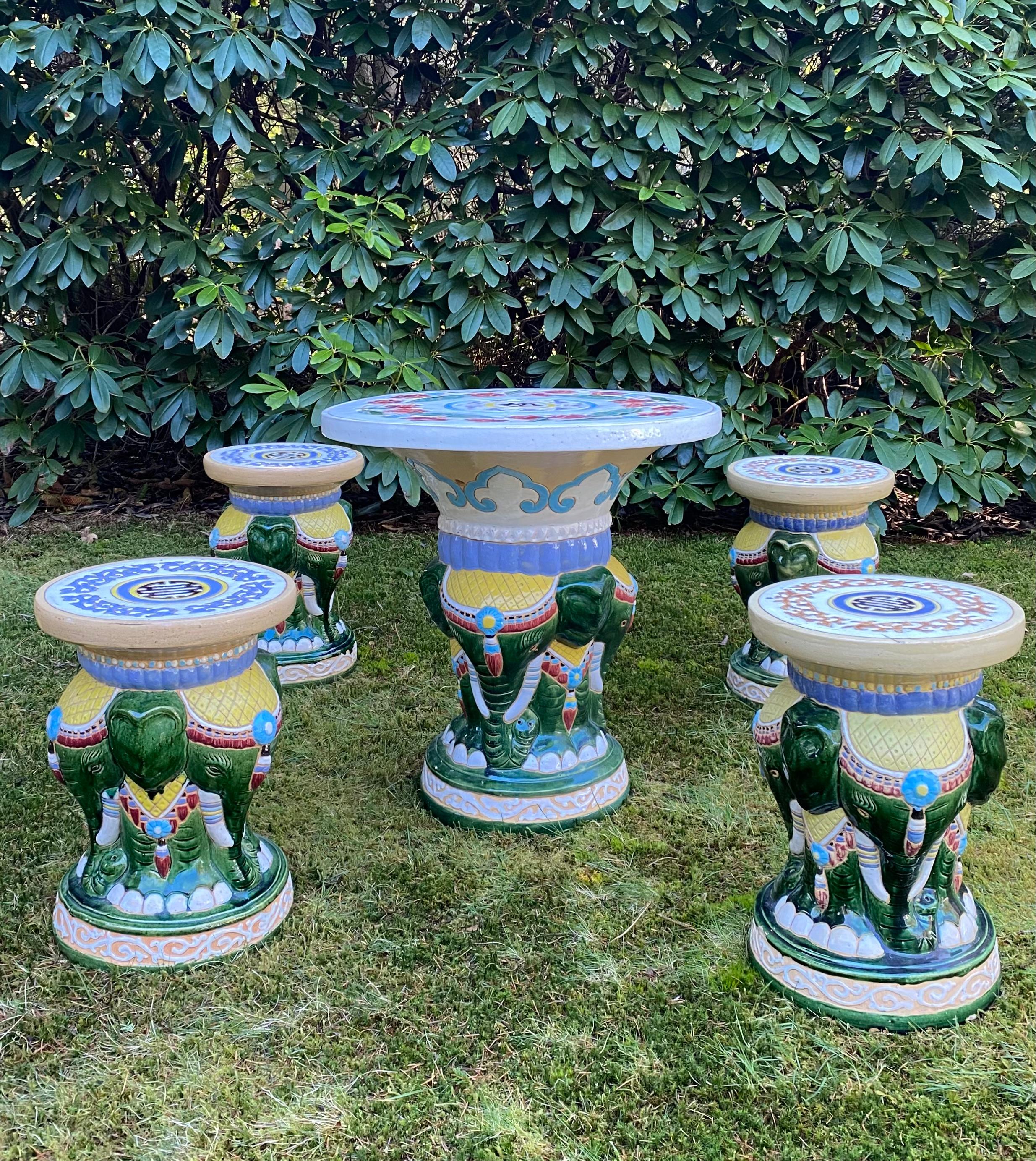 This Asian garden/patio elephant set was manufactured, circa 1960s-1970s and features a Classic design with beautiful Pastel colors. On top of the stools, there is, what seems to be, a prosperity symbol. Very nice addition to any garden, patio or