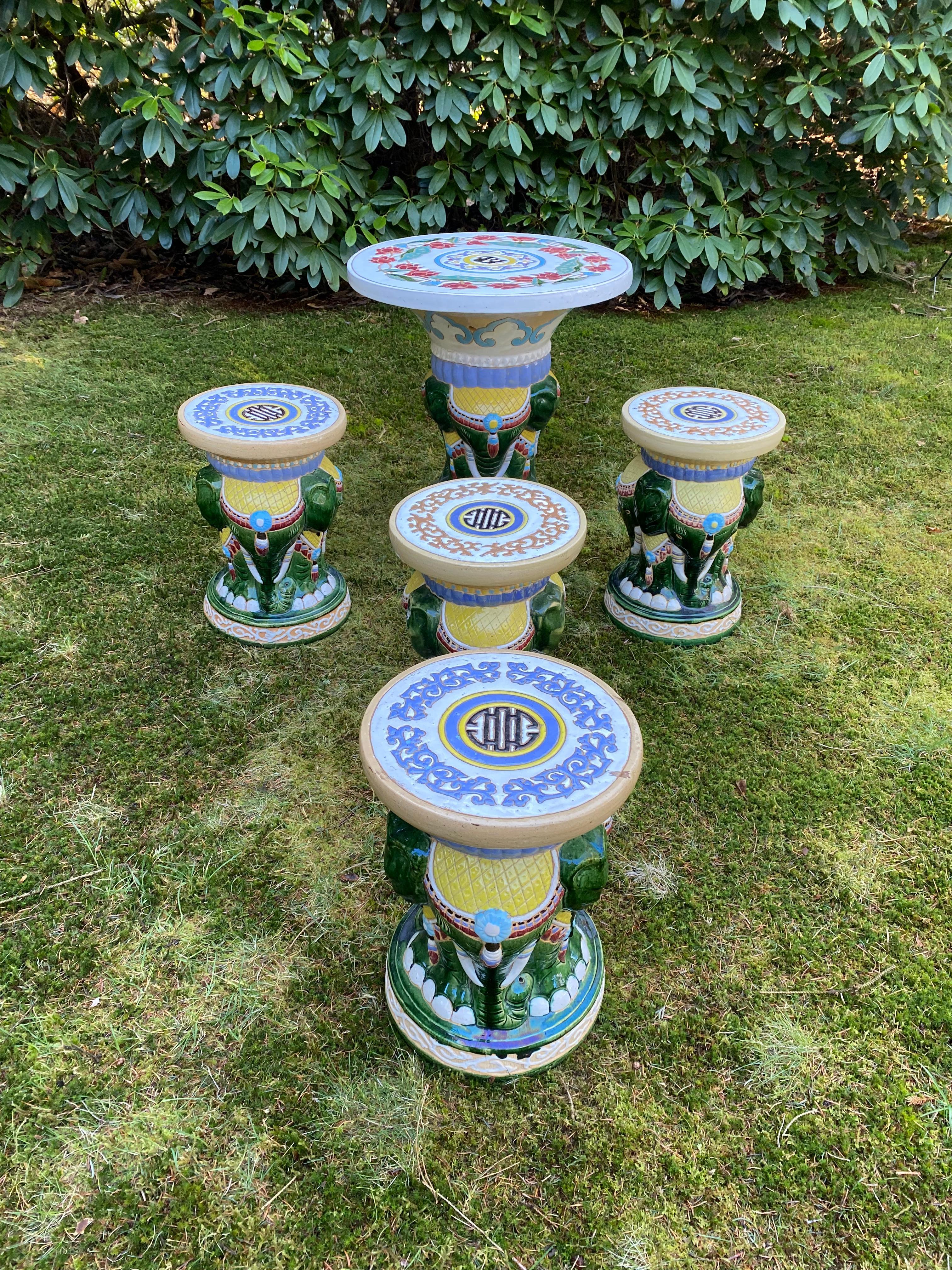 Asian Unique Multicolor 20th Century Garden or Patio Set with Elephants For Sale