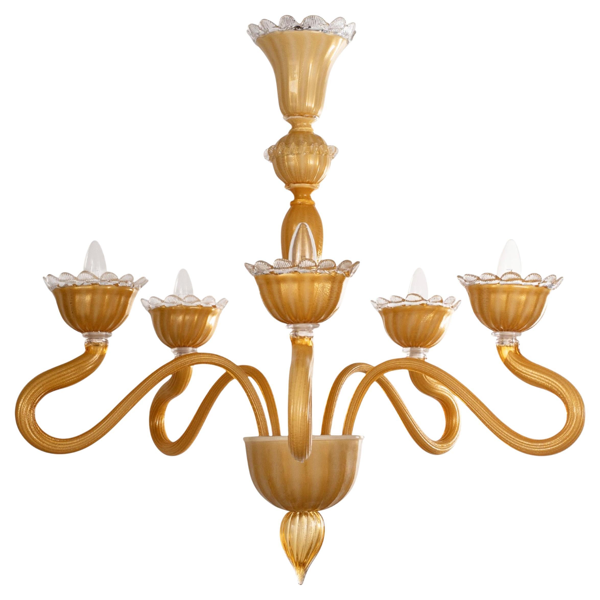 Unique Murano Amber glass chandelier 5 lights, Vintage Made in Italy in stock