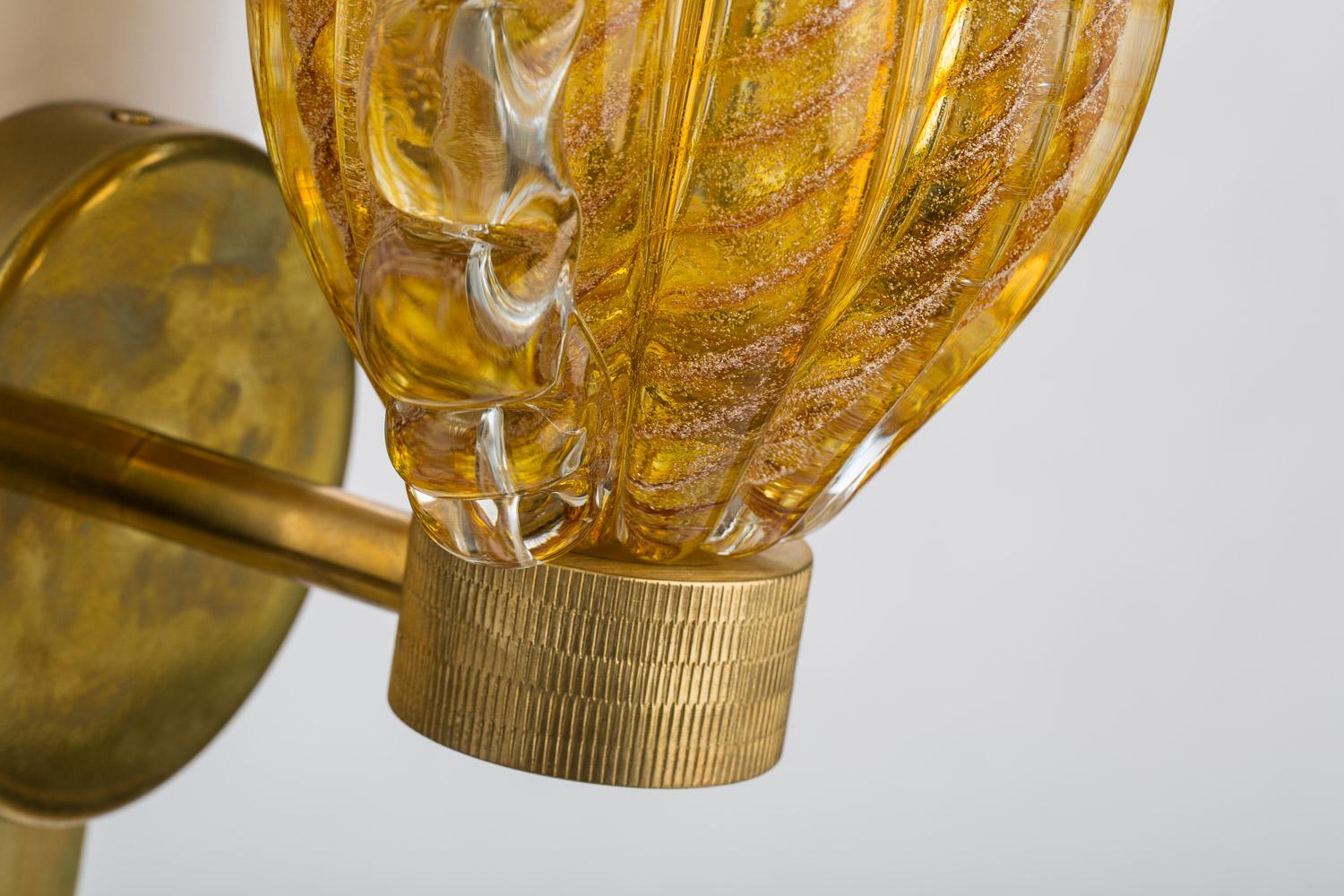 Unique Murano Art Glass Sconces in Cristallo 24ct Gold Leaf & Amber Candy Canes For Sale 3