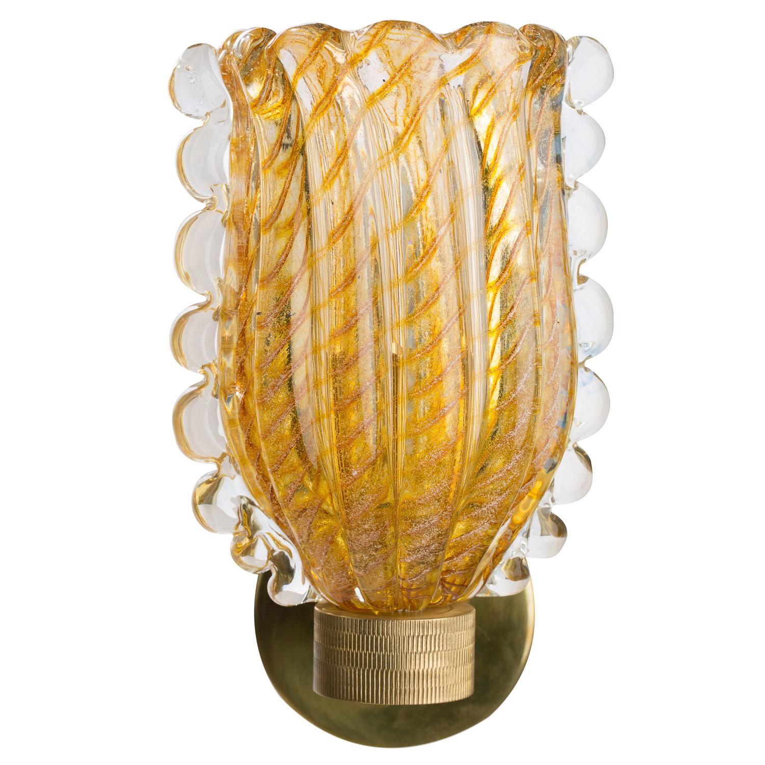 Hollywood Regency Unique Murano Art Glass Sconces in Cristallo 24ct Gold Leaf & Amber Candy Canes For Sale