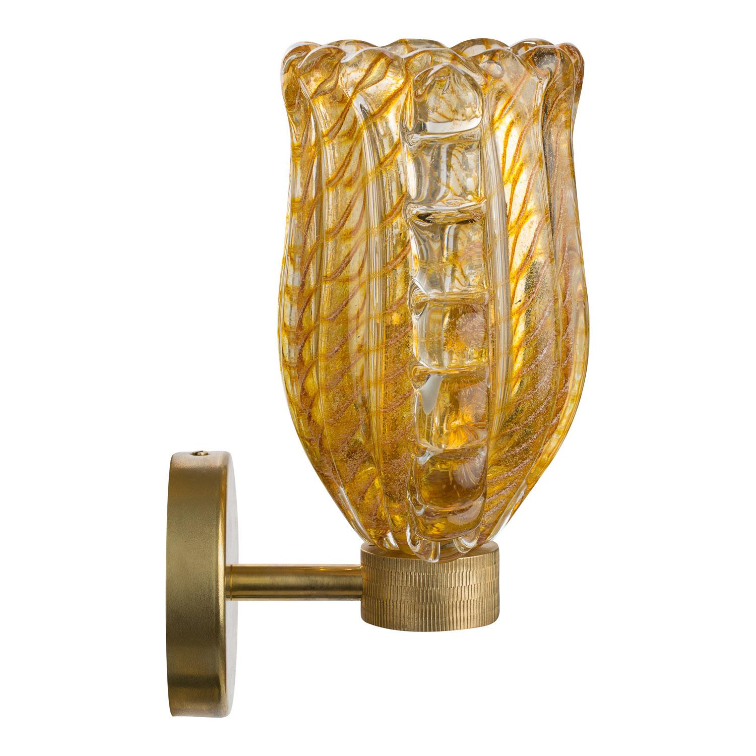 Hand-Carved Unique Murano Art Glass Sconces in Cristallo 24ct Gold Leaf & Amber Candy Canes For Sale