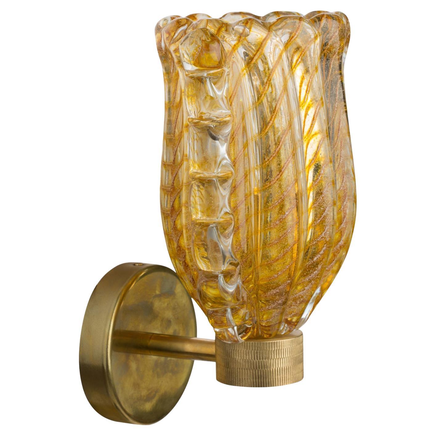 Unique Murano Art Glass Sconces in Cristallo 24ct Gold Leaf & Amber Candy Canes For Sale