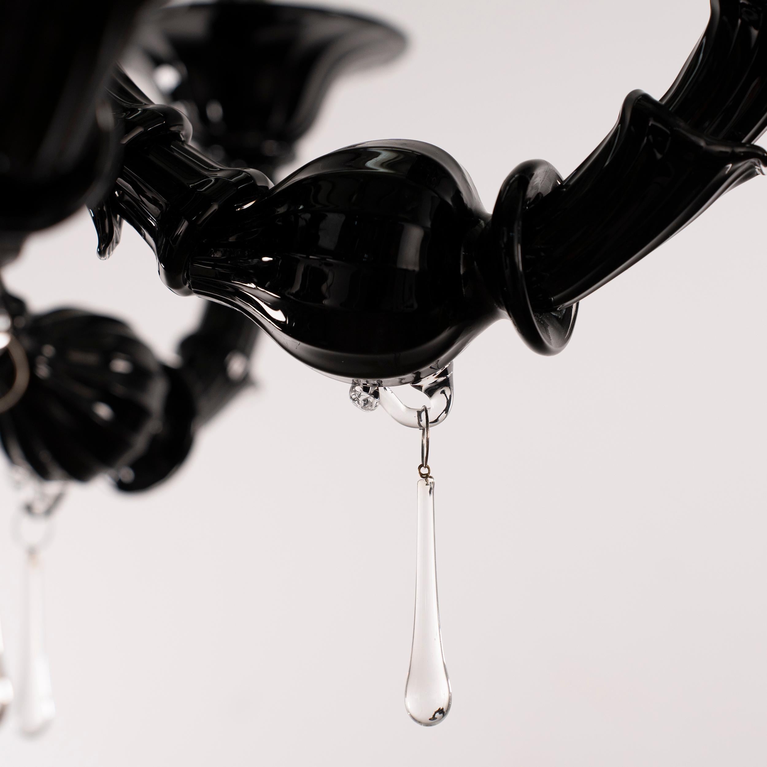 Lampadario a 6 luci in vetro nero di Murano, Vintage Made in Italy in stock in vendita 1