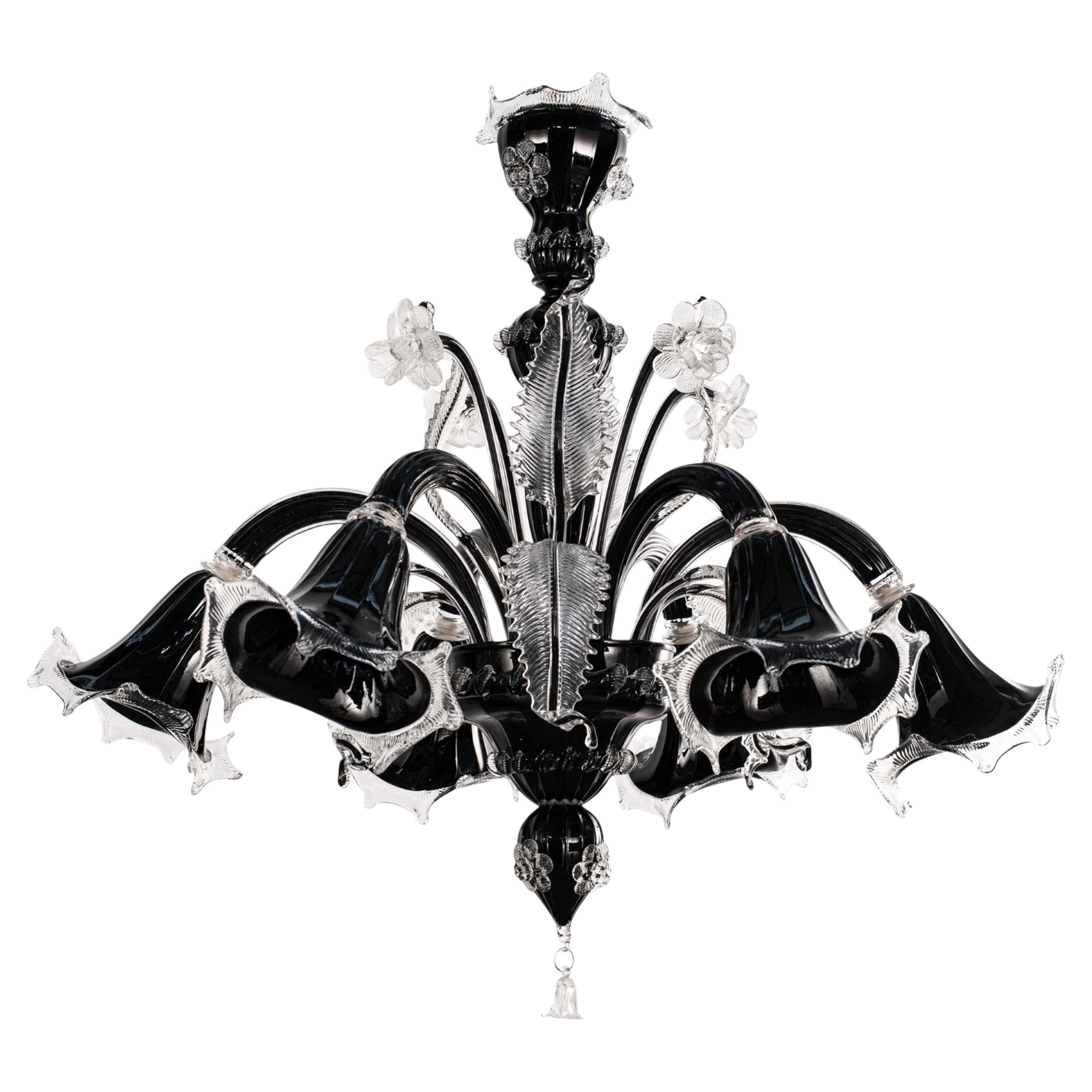Unique Murano Black glass chandelier 6 lights, Vintage Made in Italy in stock