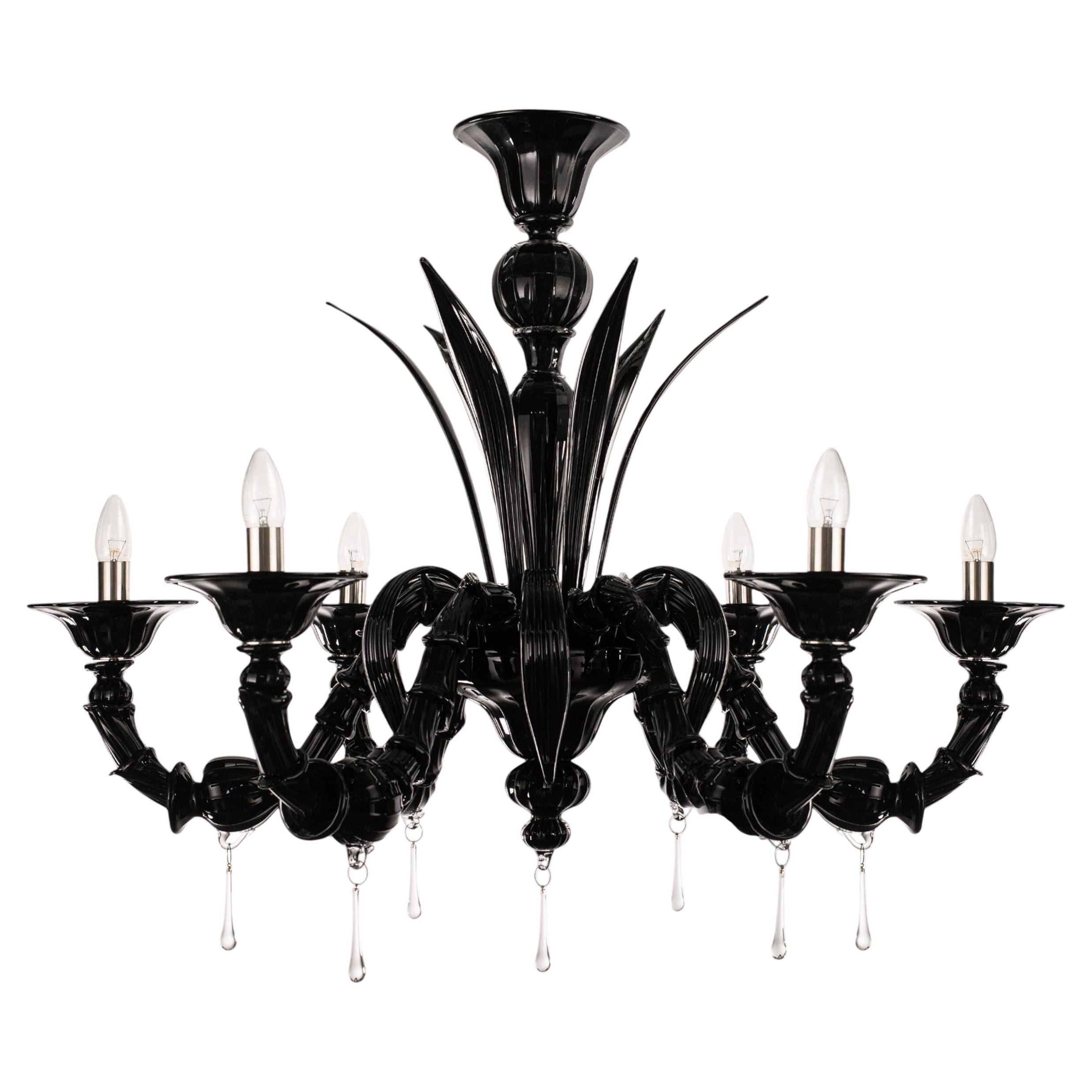 Lampadario a 6 luci in vetro nero di Murano, Vintage Made in Italy in stock