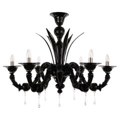 Unique Murano Black glass chandelier 6 lights, Vintage Made in Italy in stock