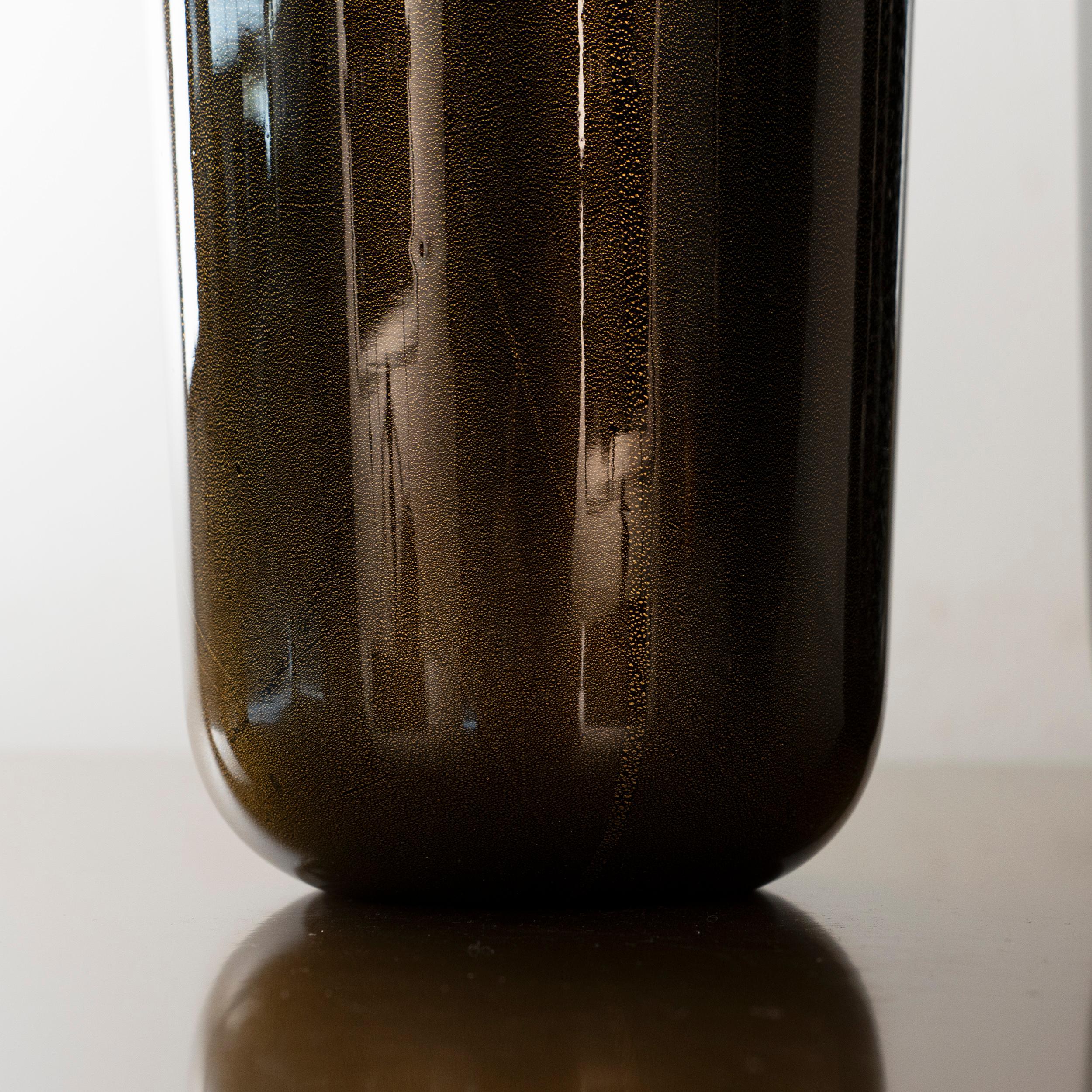 Contemporary Unique Murano Black Glass Vase with Gold and Silver leaf details, made in Italy For Sale