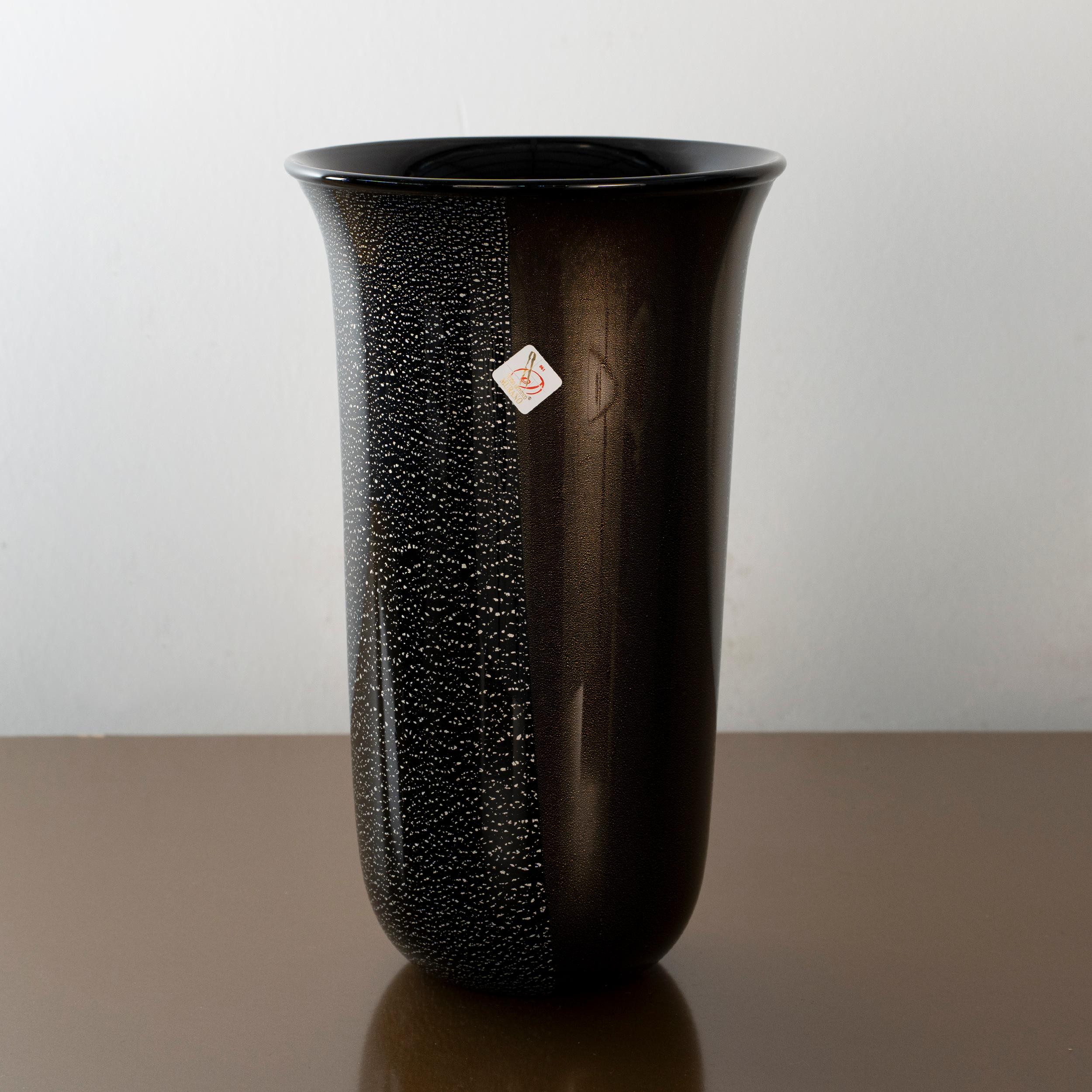 Blown Glass Unique Murano Black Glass Vase with Gold and Silver leaf details, made in Italy For Sale