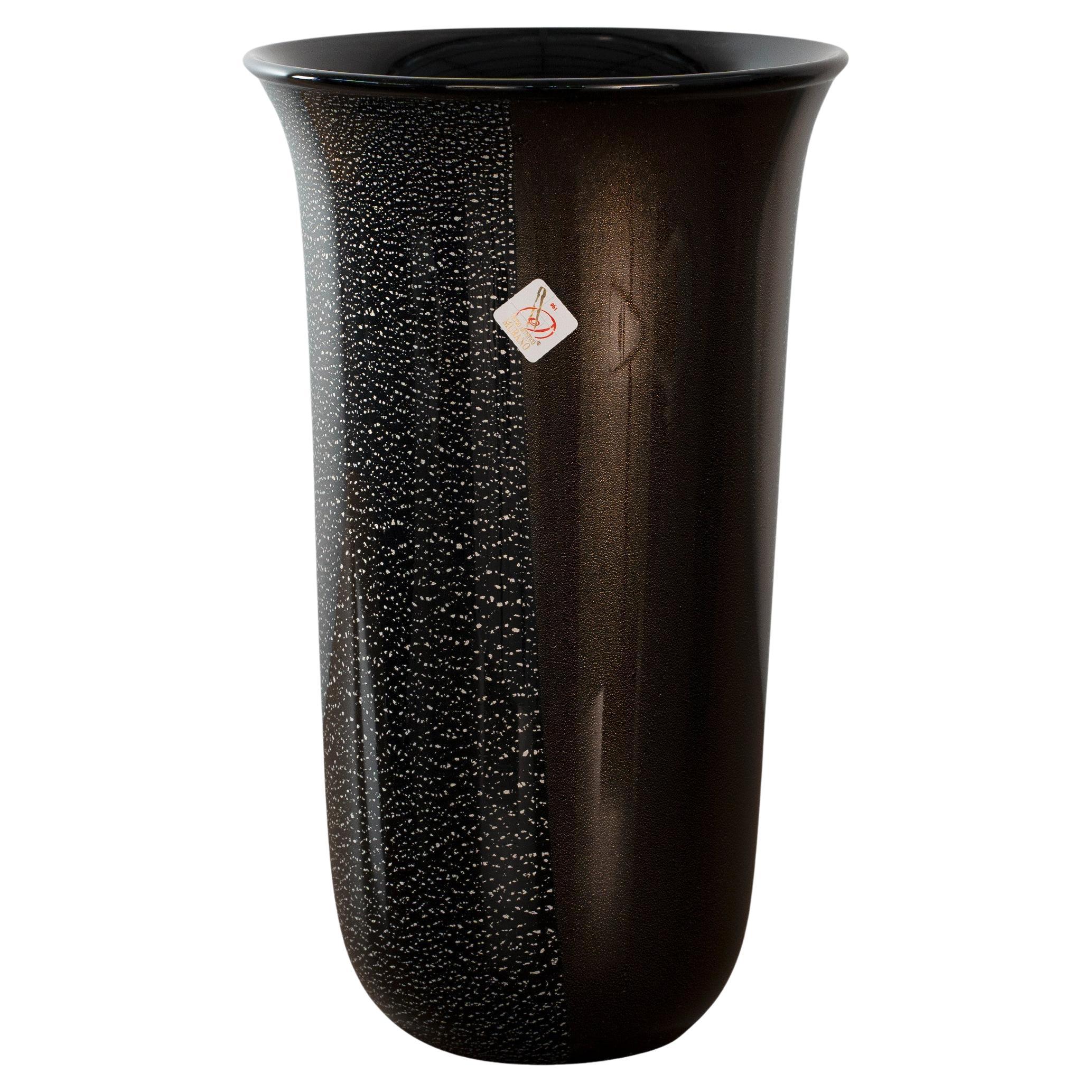 Unique Murano Black Glass Vase with Gold and Silver leaf details, made in Italy For Sale