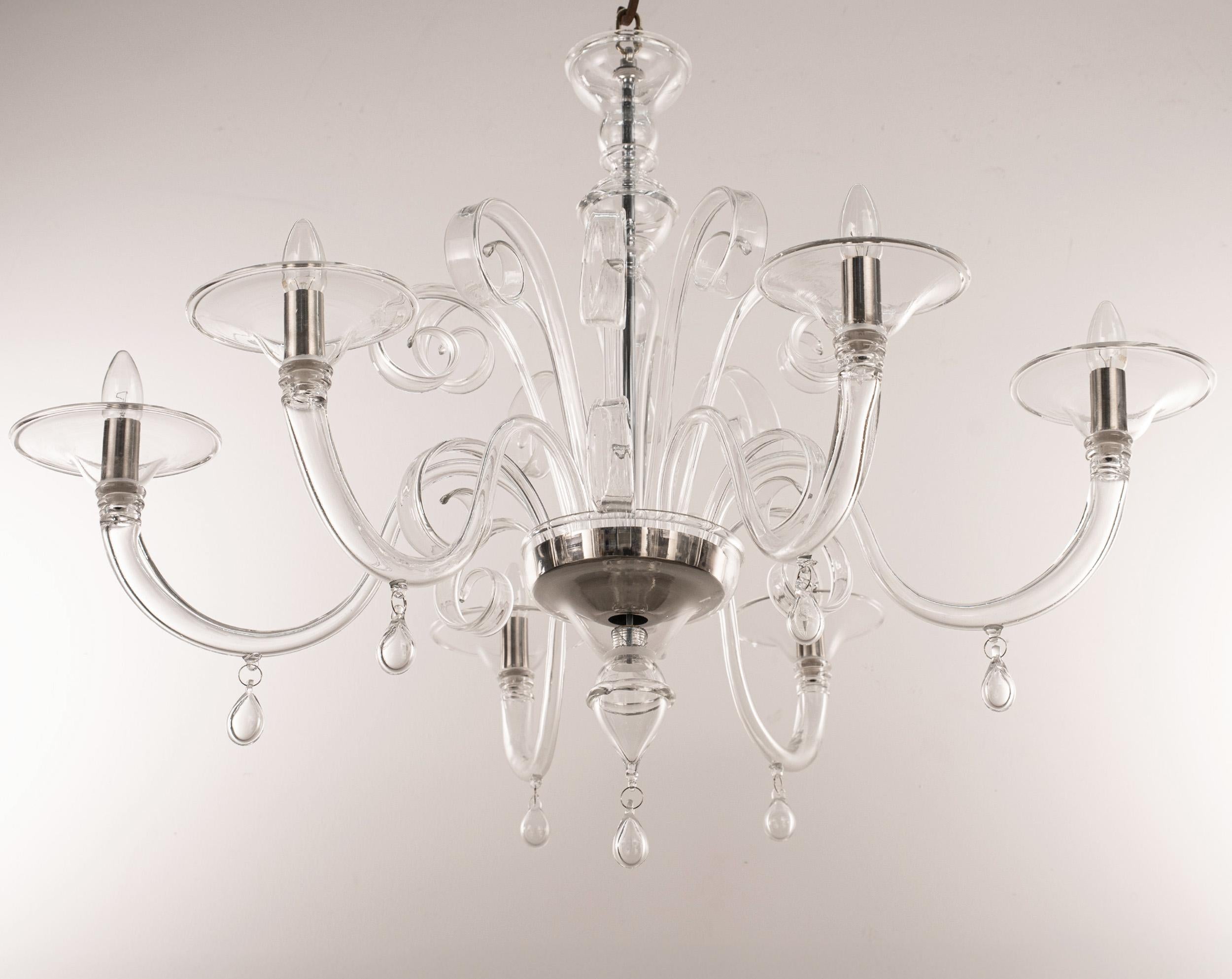 Araña única de cristal de Murano transparente 6 luces, Vintage Made in Italy en stock siglo XX en venta