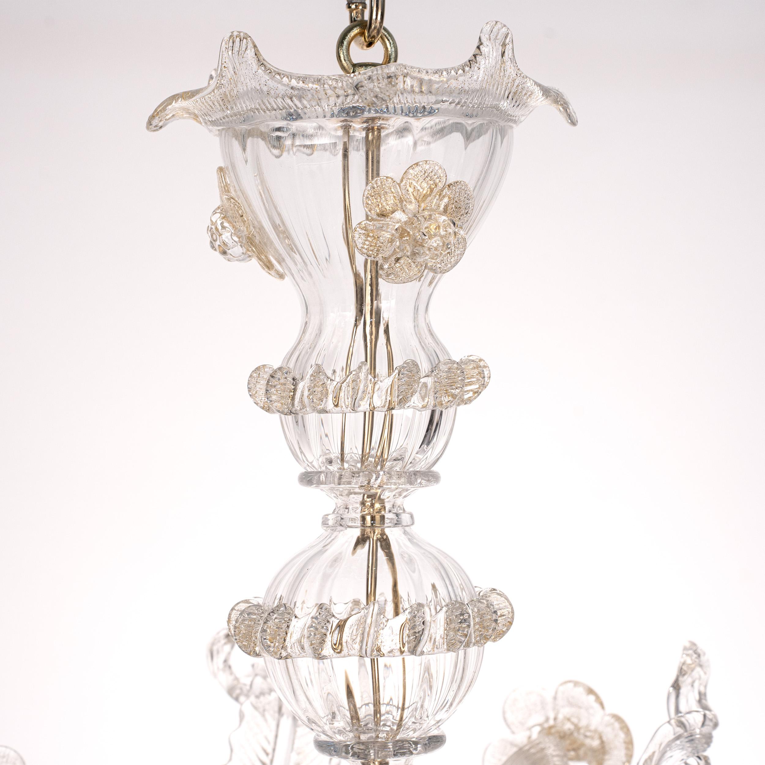Ottone Lampadario in vetro trasparente di Murano a 6 luci, Vintage Made in Italy in stock in vendita