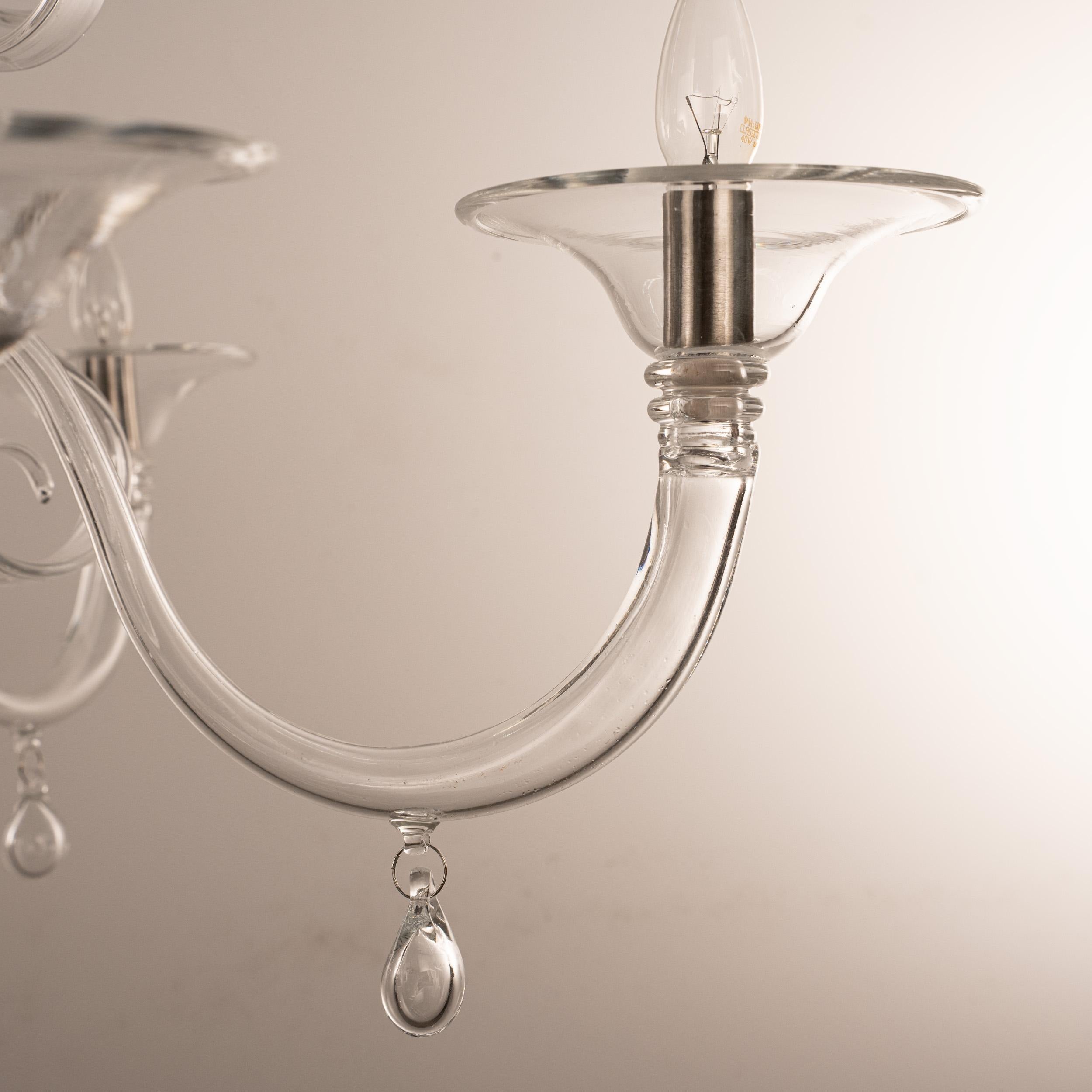 Araña única de cristal de Murano transparente 6 luces, Vintage Made in Italy en stock Latón en venta
