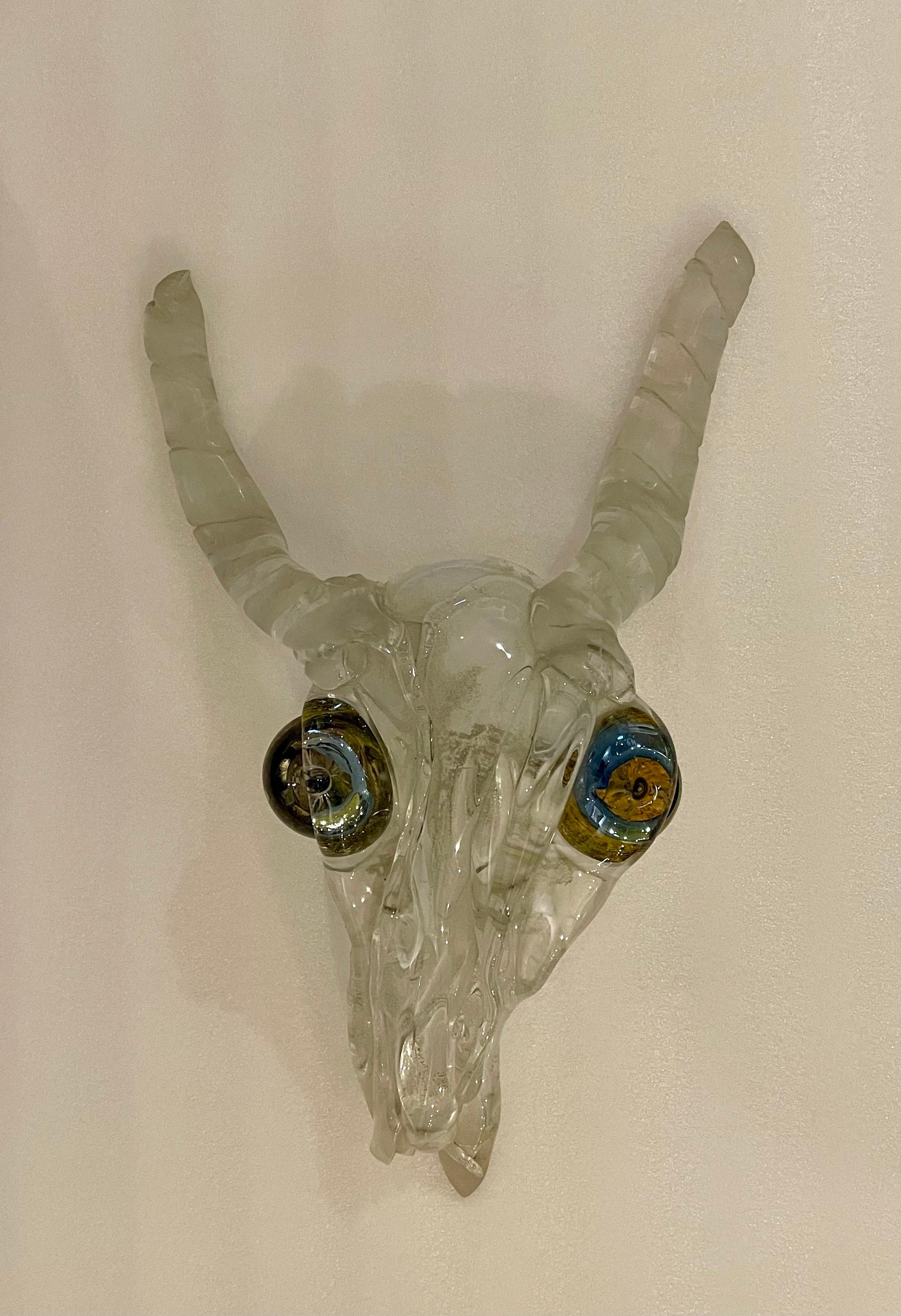 Incredible rare abstract brutal glass wall sculpture, antelope animal with eyes popping out of the skull in blown glass, a very rare and unique piece. circa 1980s.