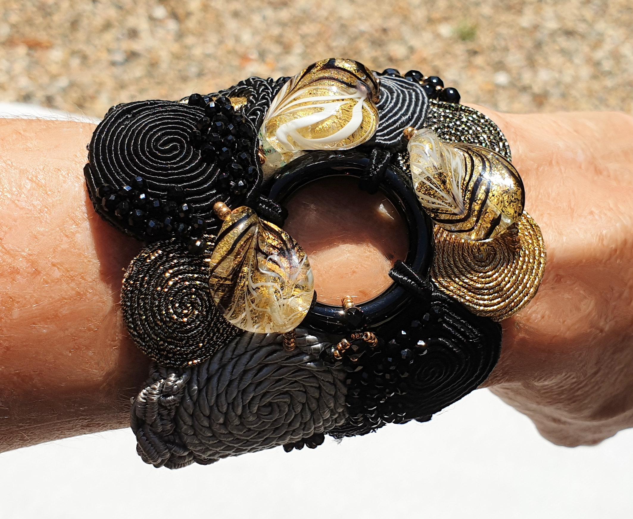 Artist Black Murano glass beads costume bracelet