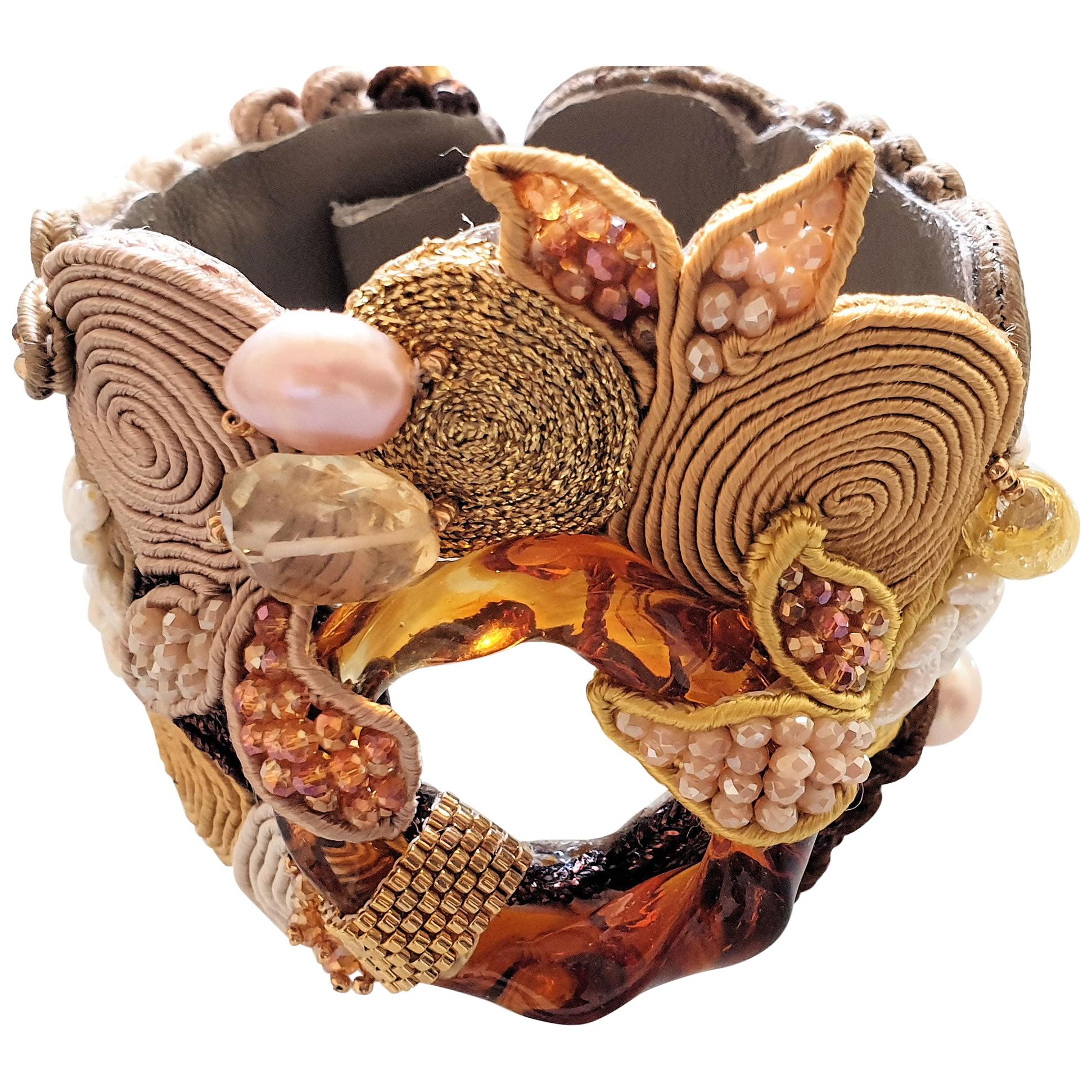 Amber Murano Glass Beads Costume Bracelet 