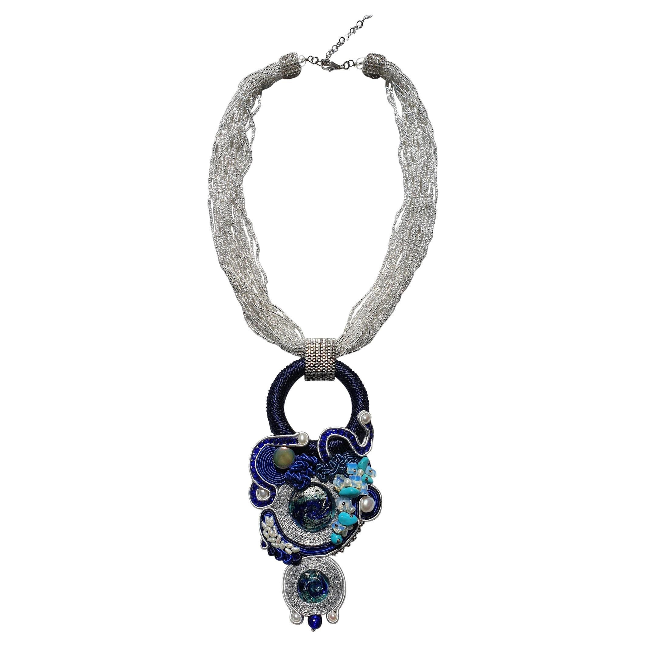 Unique Murano glass beads & fabric costume necklace by Venetian artist Paola B.