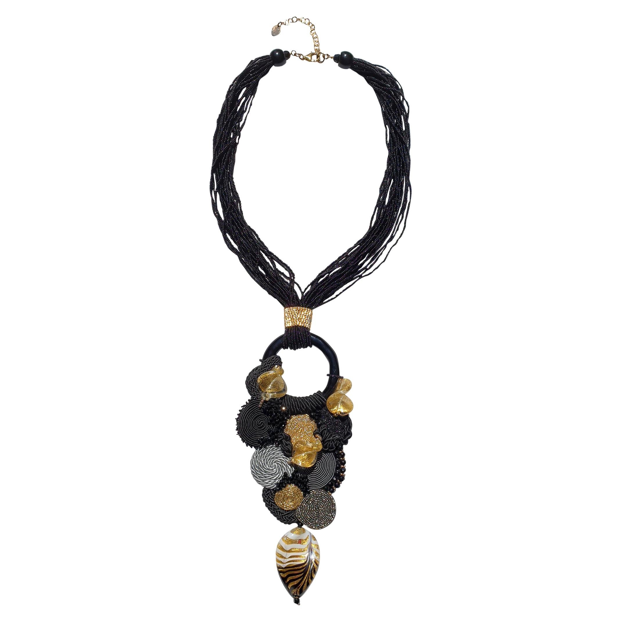 Black and gold Murano glass beaded necklace  For Sale