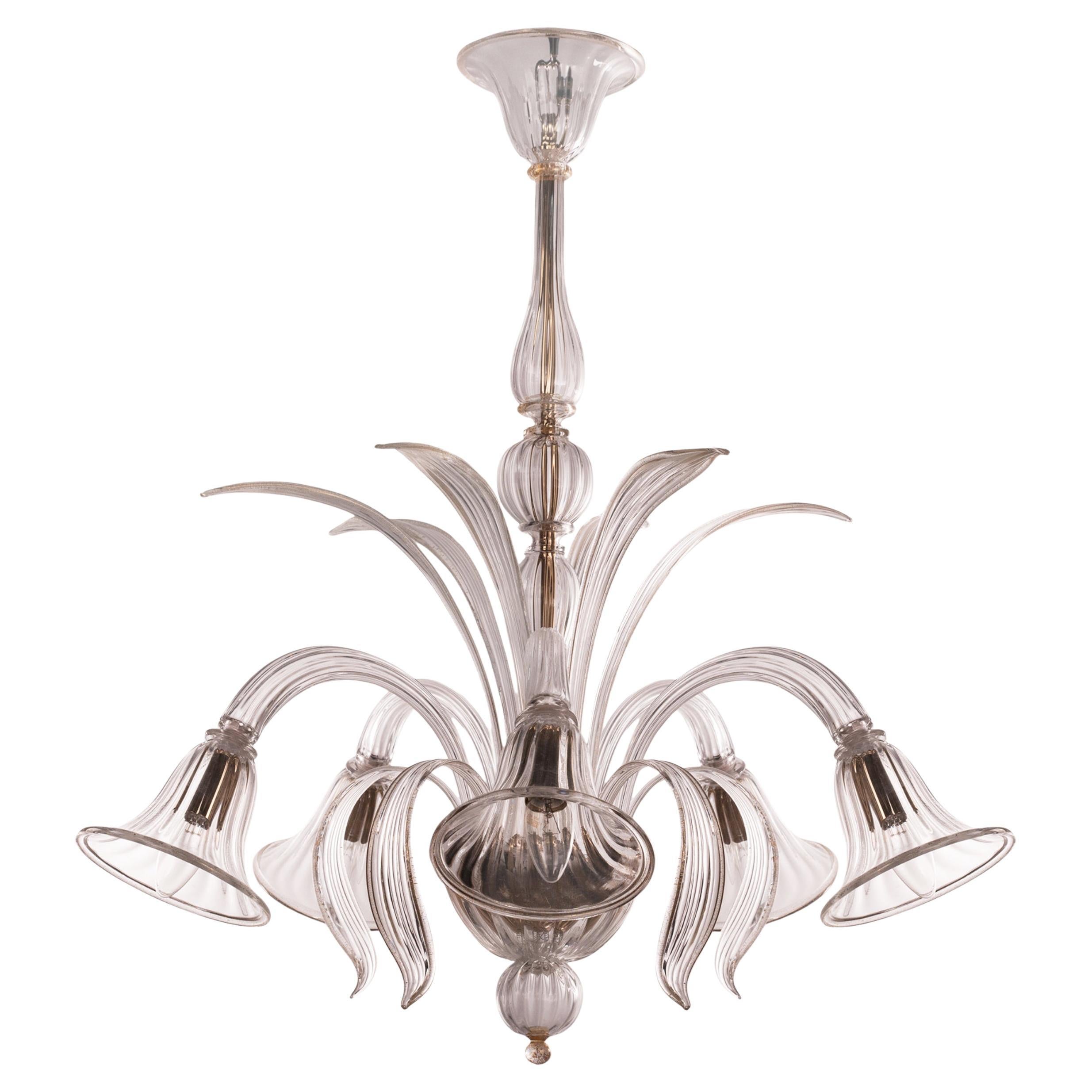 Unique Murano glass chandelier 5 lights, handmade Vintage Made in Italy in stock