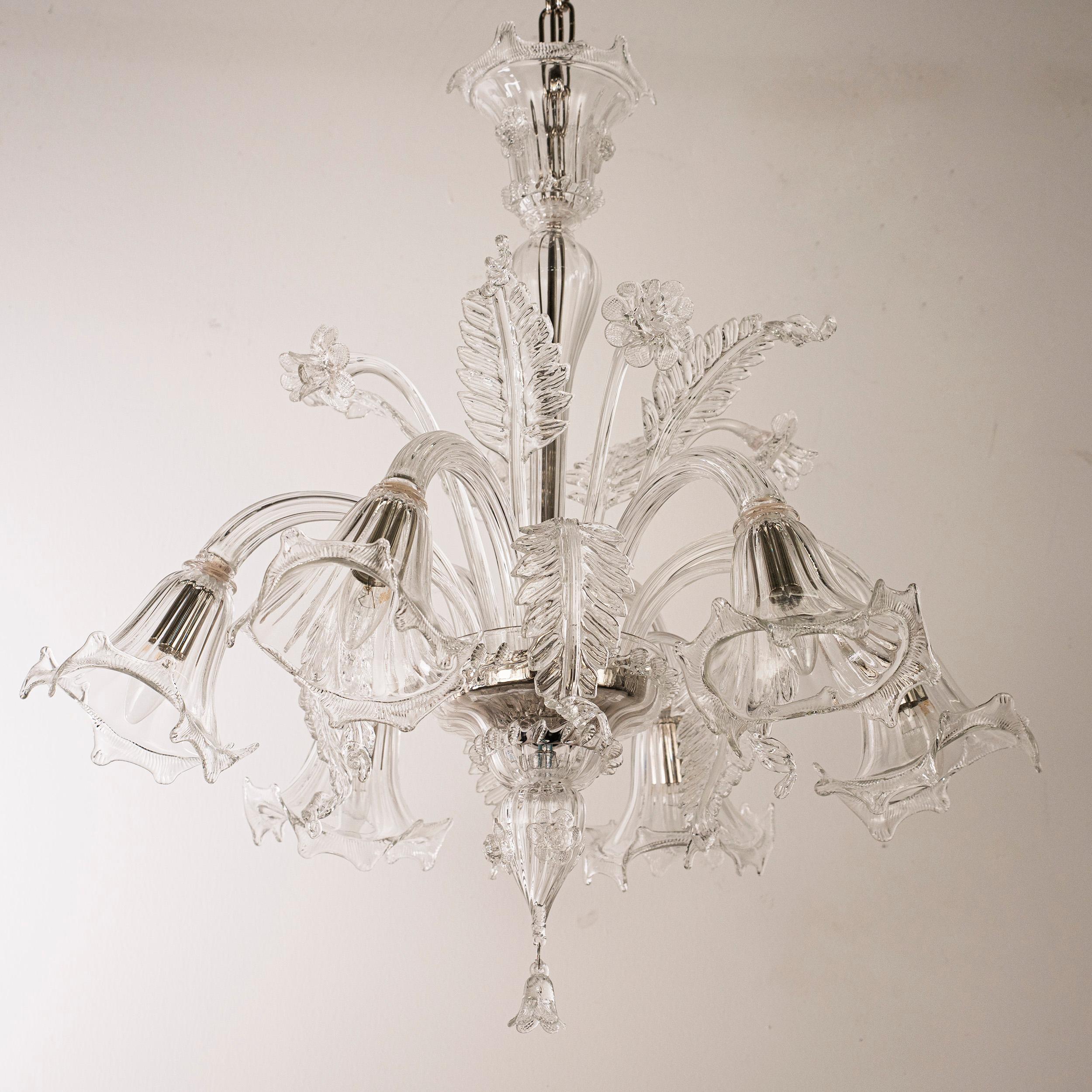 Italiano Lampadario in vetro di Murano a 6 luci, fatto a mano Vintage Made in Italy in stock in vendita