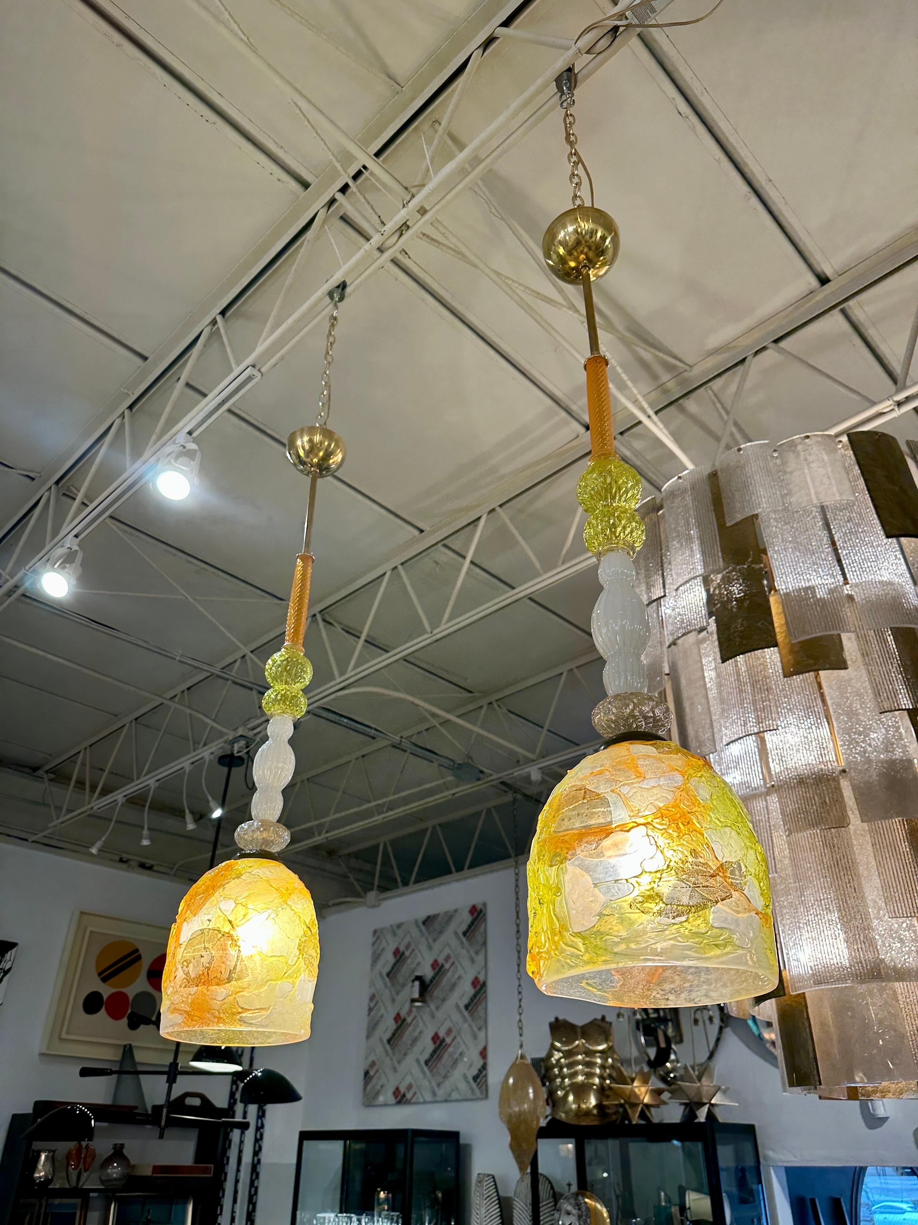 These amazingly original Murano glass pendants are EXTRA special due to their components.  Two were made and there are NONE like these since the glass parts used are vintage and remnants of the glass blowing factory.  Each was designed uniquely.  A