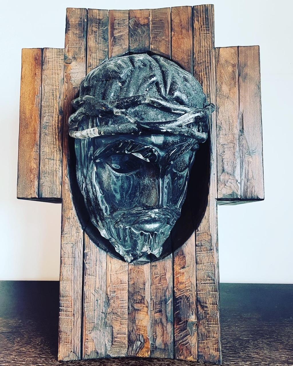 What. A. Piece. Of. Art. This Murano glass sculpture is just stunning. The head of Jesus is made from mouth blown Murano glass. It is worked free hand on a punty in solid glass. It is fixed into a solid wooden 'cross'. It sticks out of the wood and