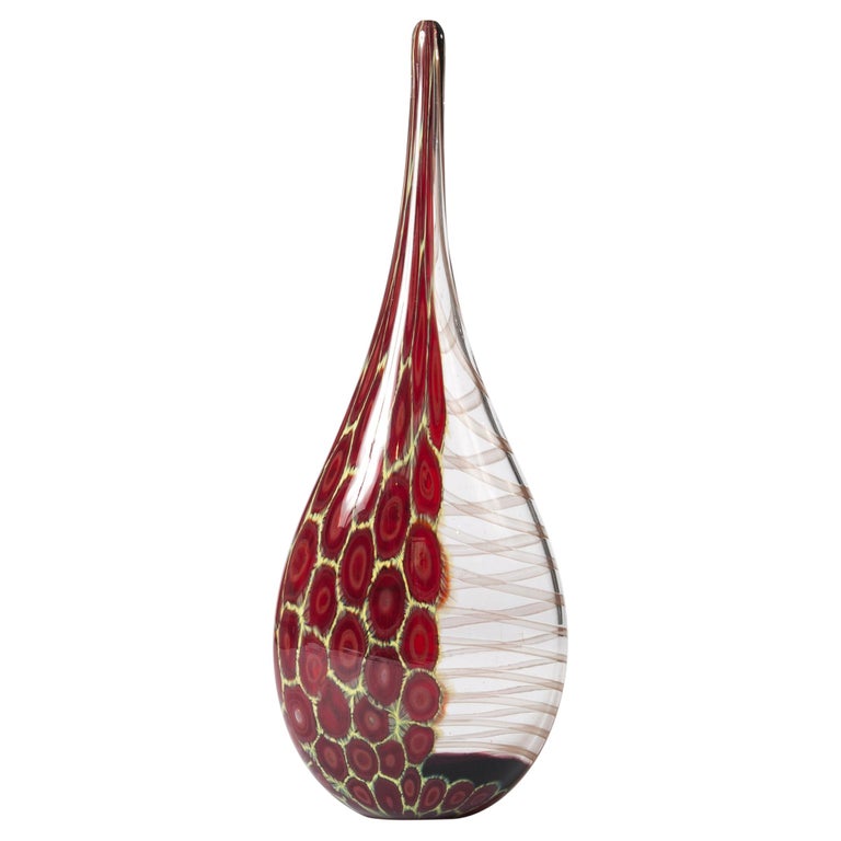 Unique Murano Glass Vase Bottle Shaped In Clear Dark Red Yellow Cognac
