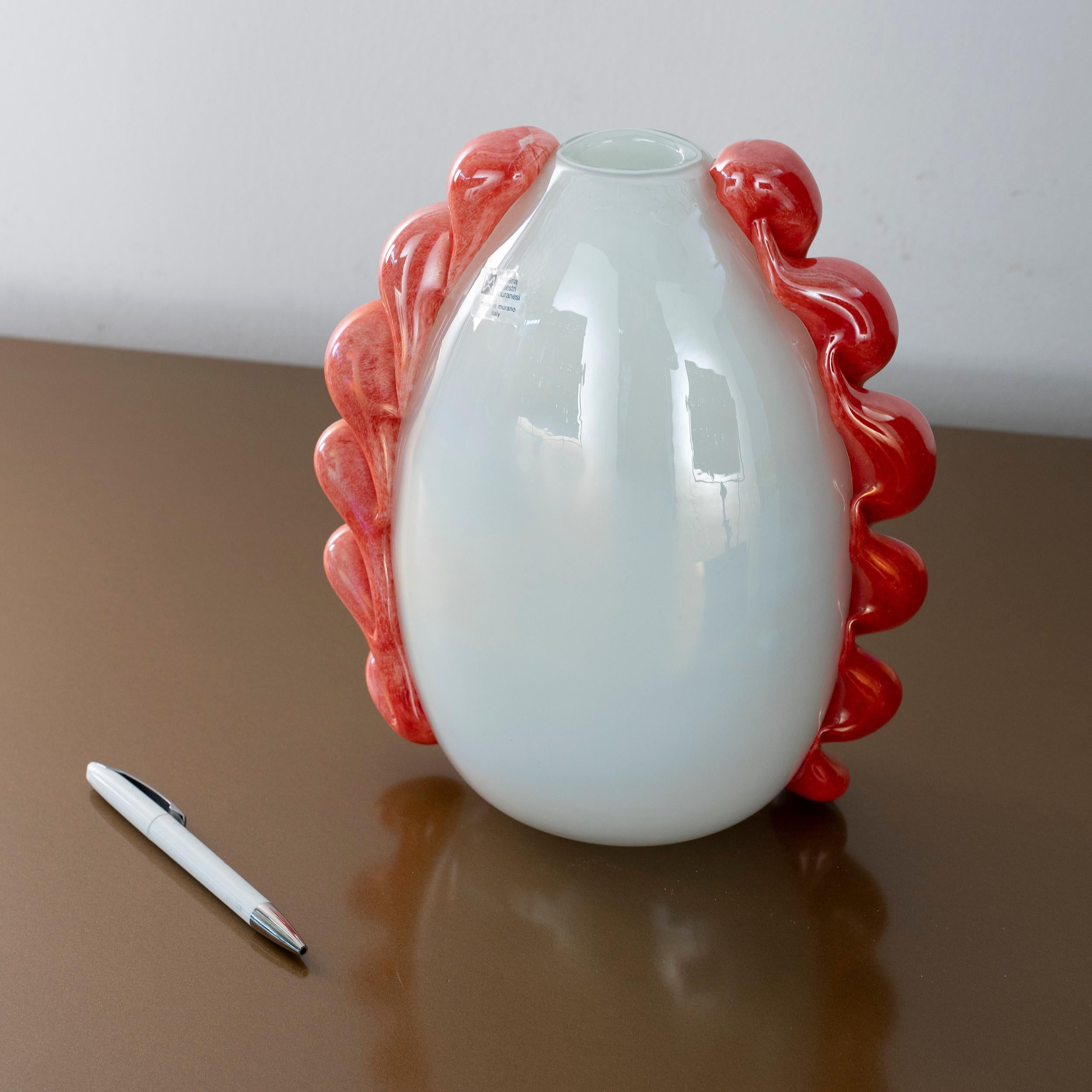 Mid-Century Modern Unique Murano Opaline Glass Vase with Coral Red Sculptural Applications 1980s For Sale