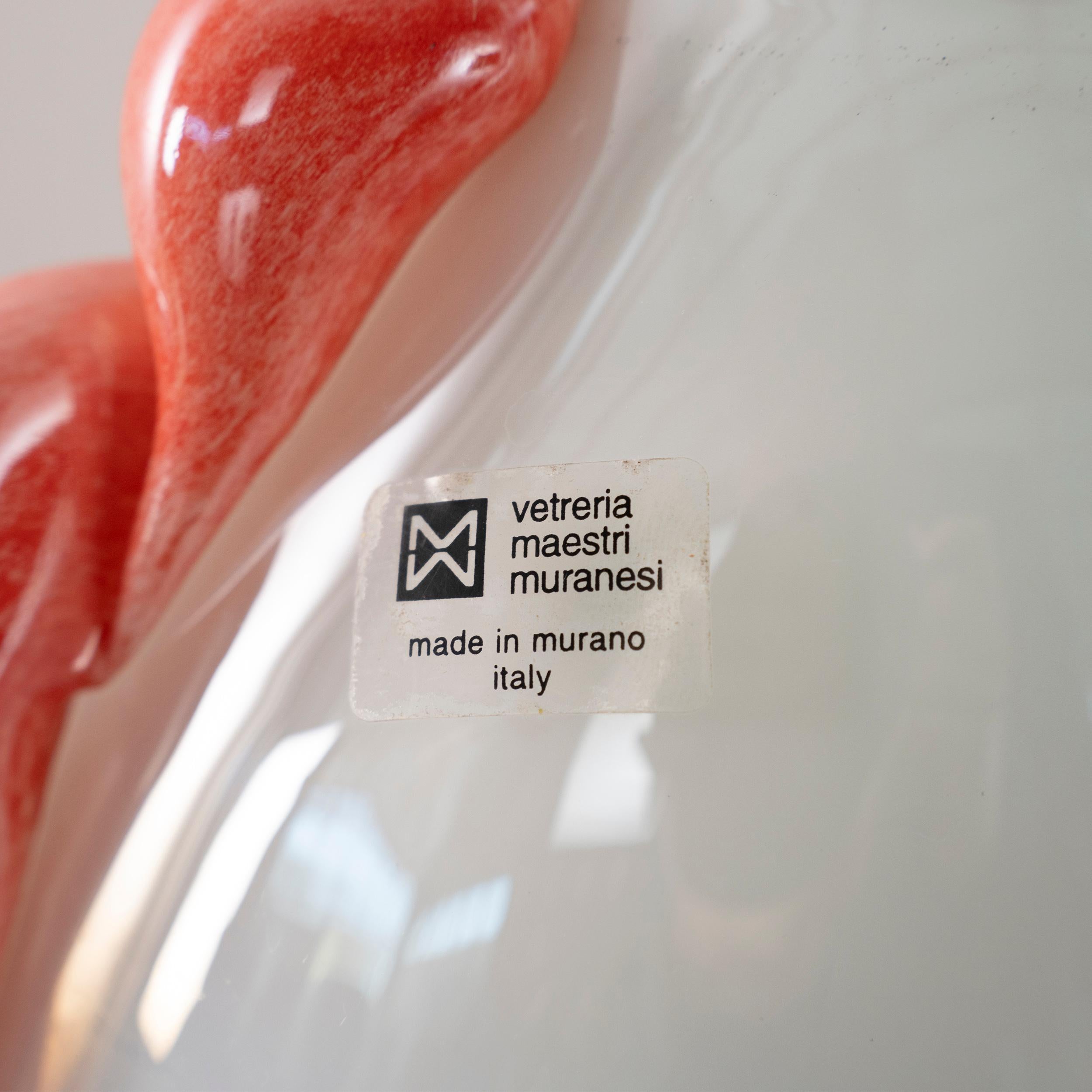 Italian Unique Murano Opaline Glass Vase with Coral Red Sculptural Applications 1980s For Sale