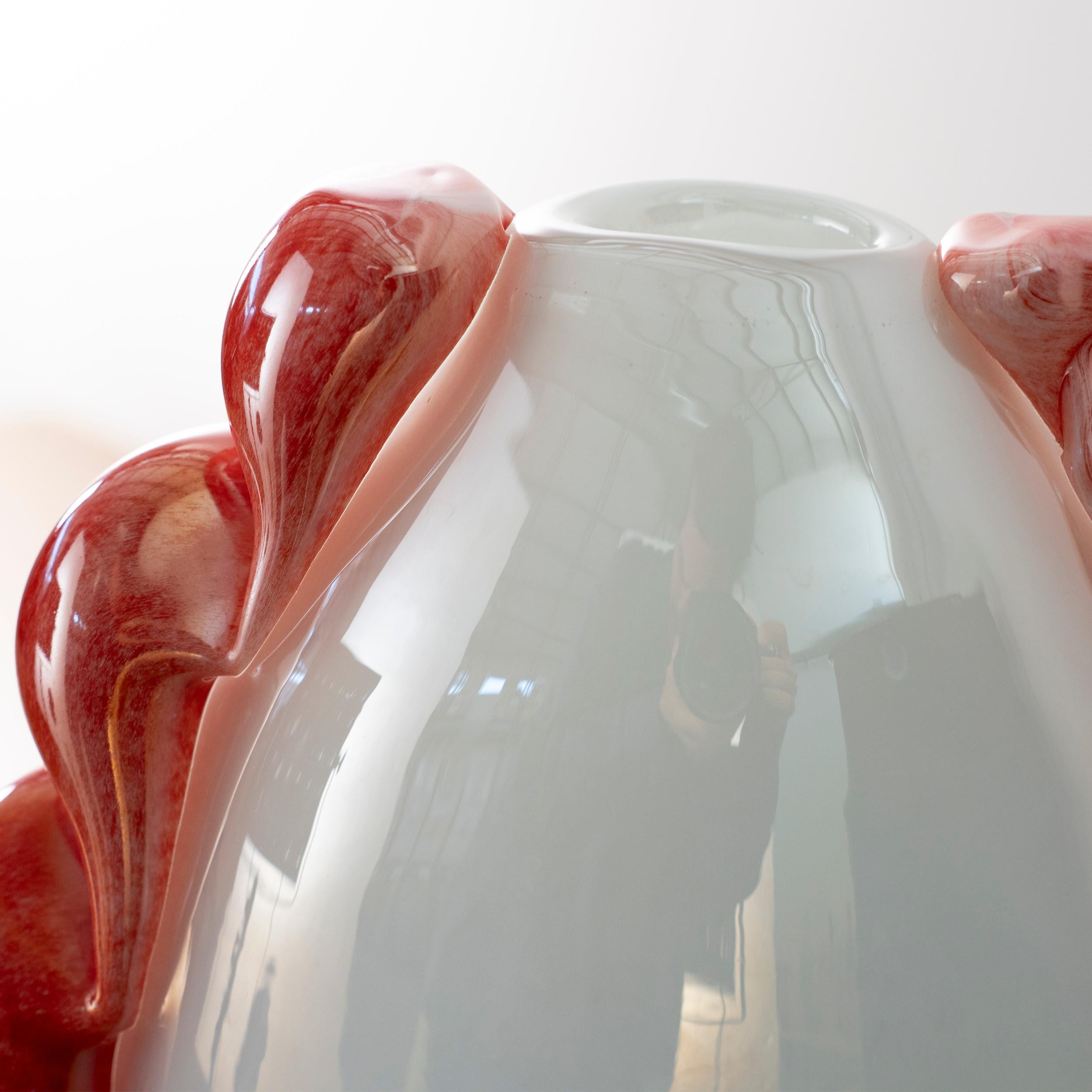 Unique Murano Opaline Glass Vase with Coral Red Sculptural Applications 1980s In Excellent Condition For Sale In Venezia, IT