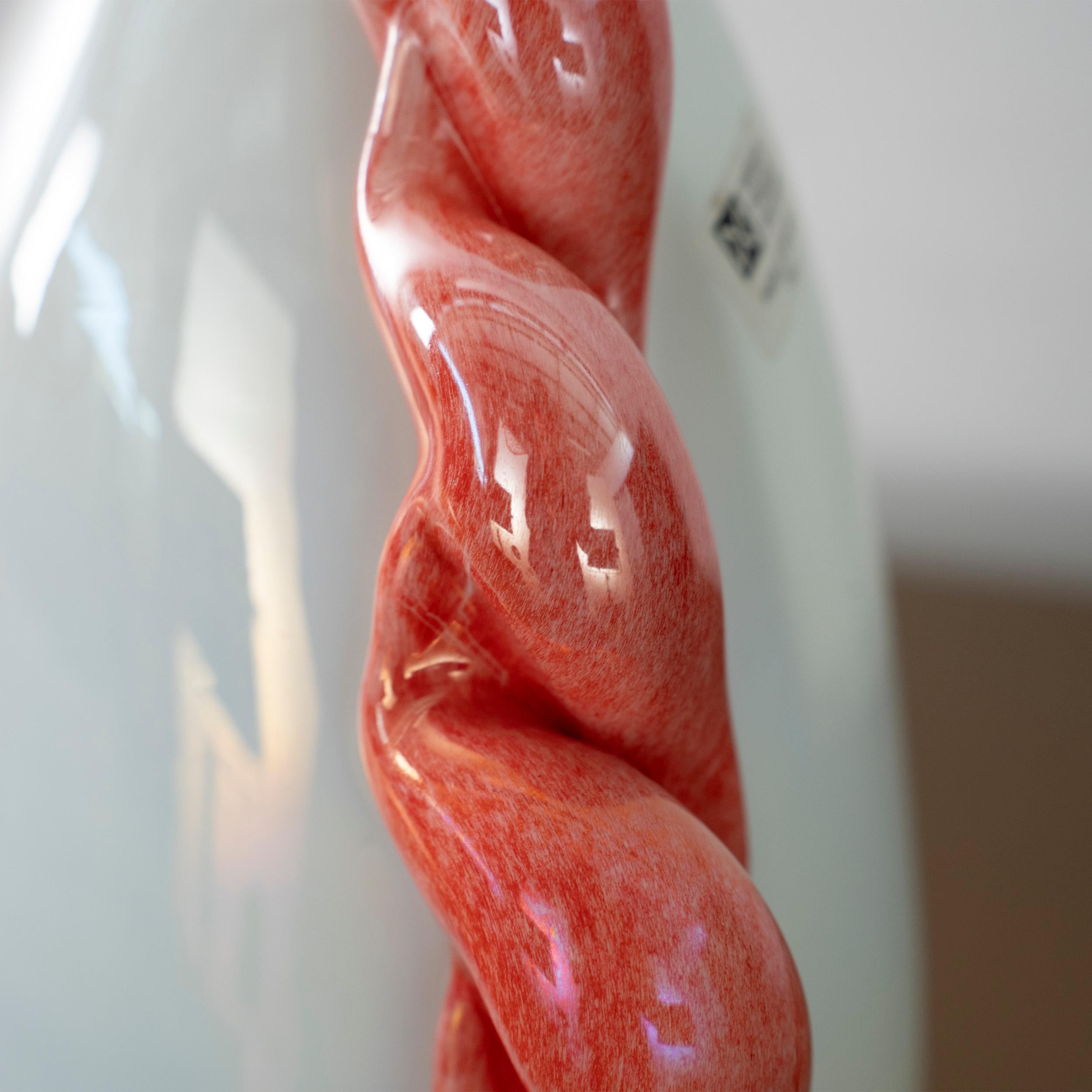 20th Century Unique Murano Opaline Glass Vase with Coral Red Sculptural Applications 1980s For Sale