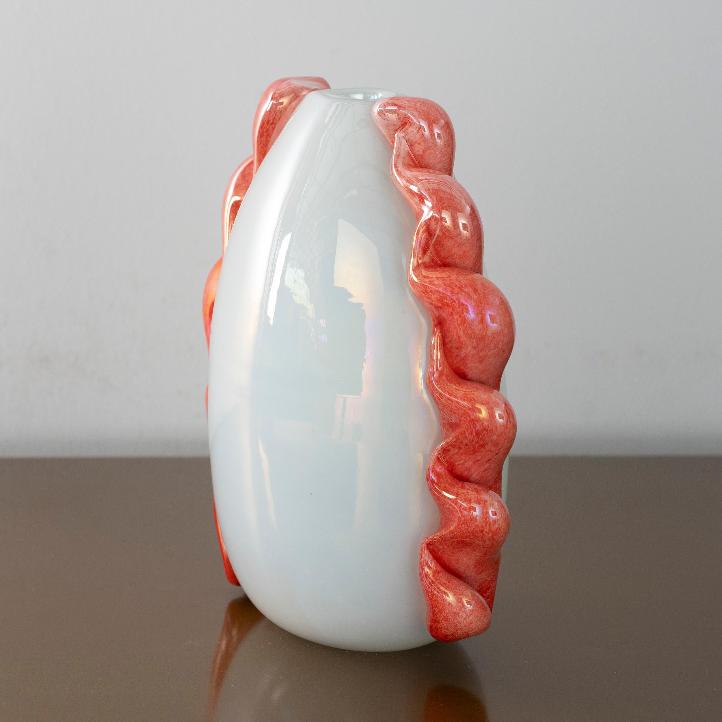 Blown Glass Unique Murano Opaline Glass Vase with Coral Red Sculptural Applications 1980s For Sale