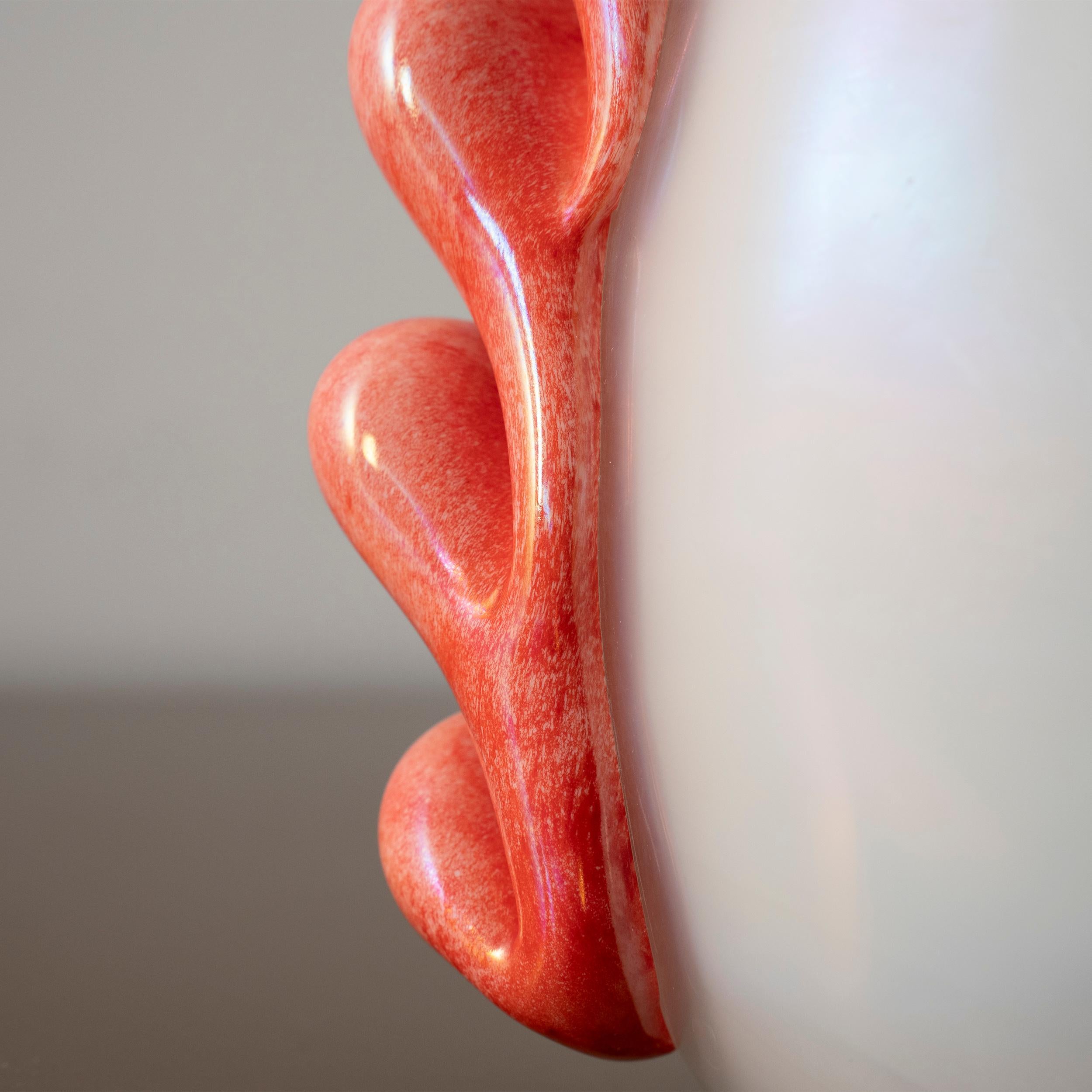 Unique Murano Opaline Glass Vase with Coral Red Sculptural Applications 1980s For Sale 1