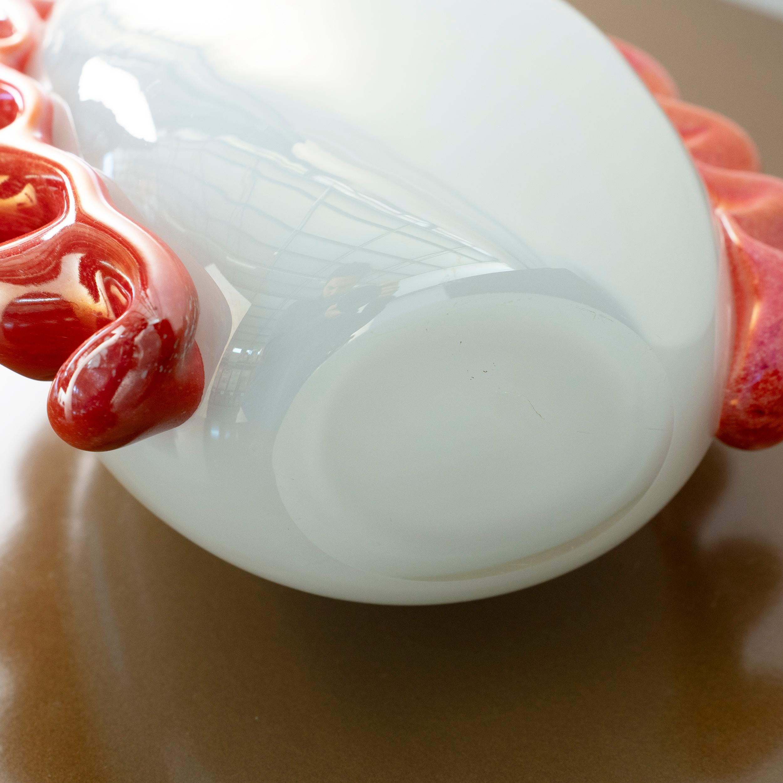 Unique Murano Opaline Glass Vase with Coral Red Sculptural Applications 1980s For Sale 2